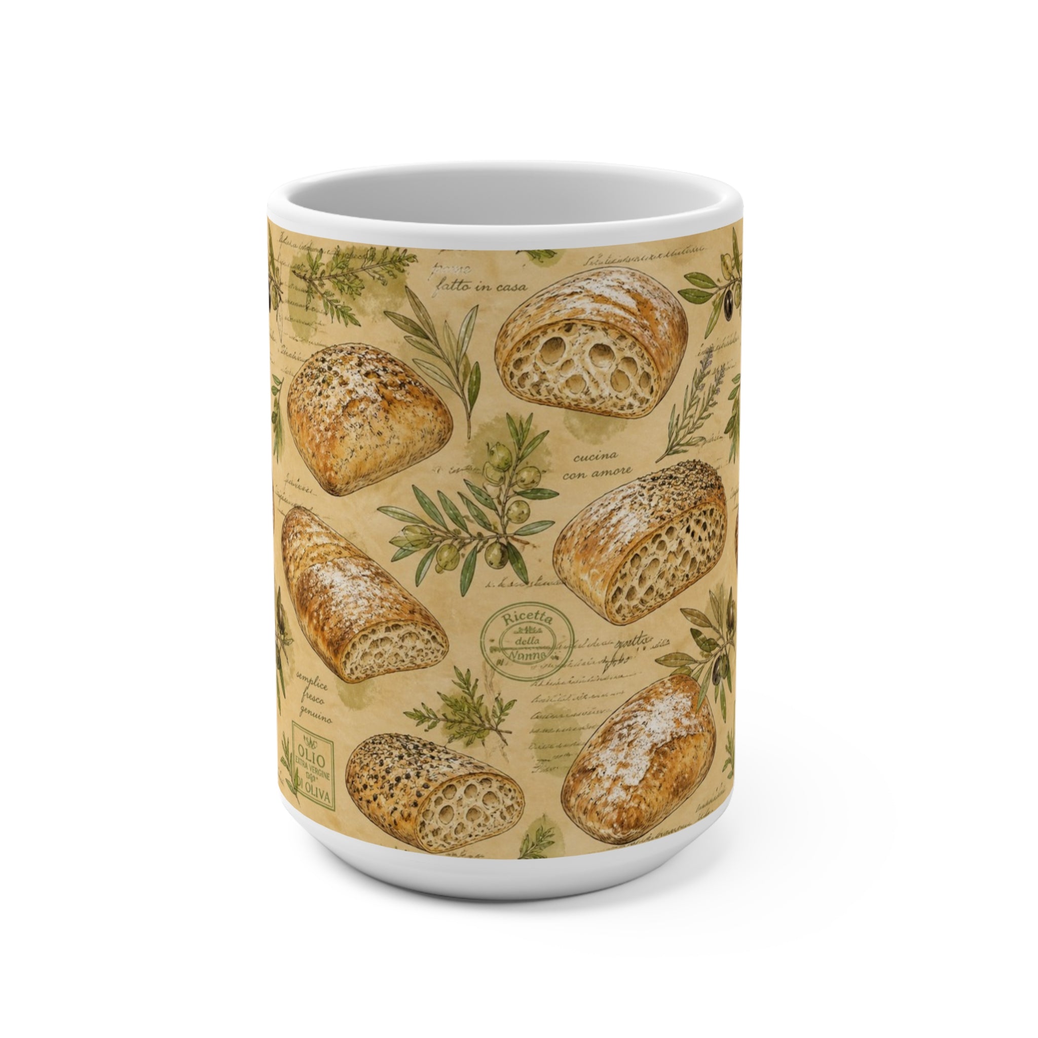 Ciabatta Rolls 15oz Ceramic Mug Mediterranean Kitchen Watercolor Design Italian Cottagecore Gift