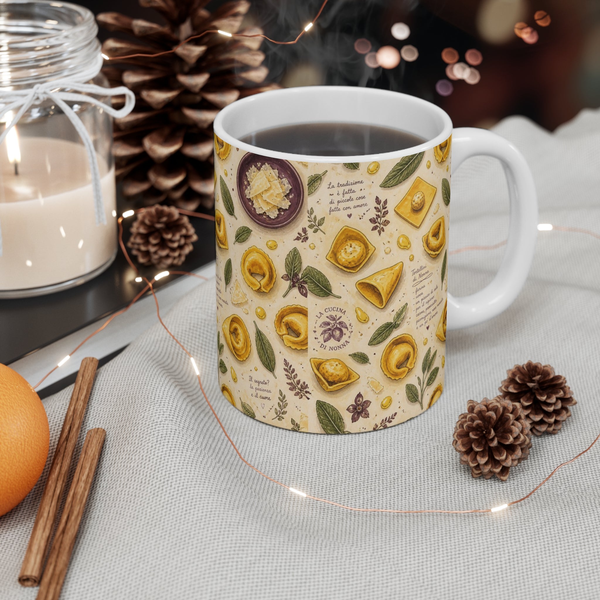 Tortellini with Sage 11oz Ceramic Mug Mediterranean Kitchen Watercolor Design Italian Cottagecore Gift