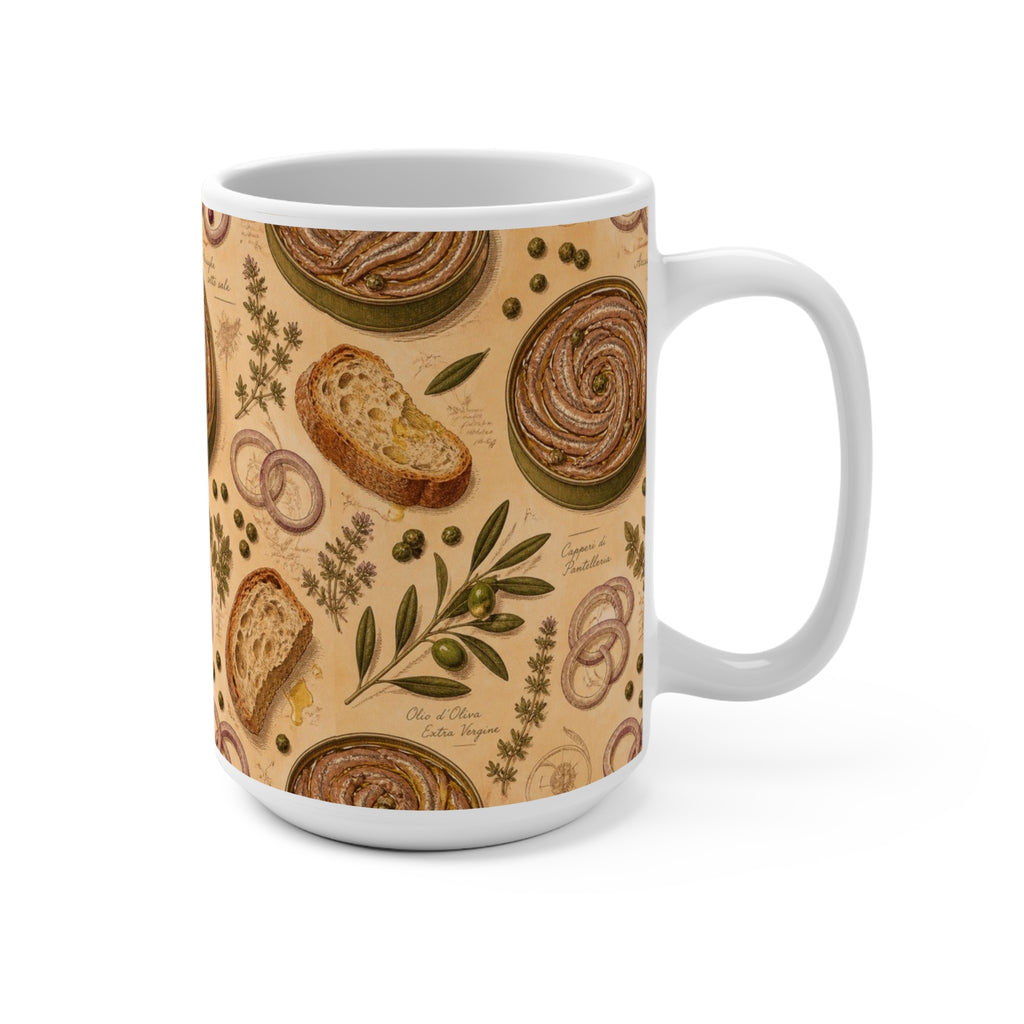 Anchovies & Capers 15oz Ceramic Mug Mediterranean Kitchen Botanical Design Italian Cottagecore Gift