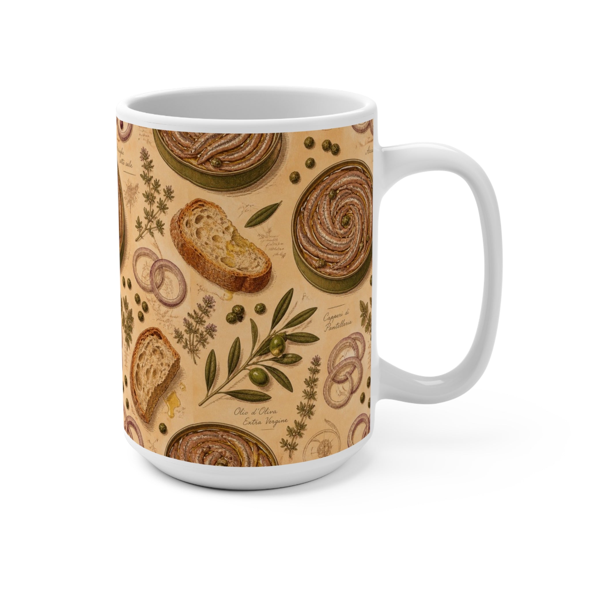 Anchovies & Capers 15oz Ceramic Mug Mediterranean Kitchen Botanical Design Italian Cottagecore Gift