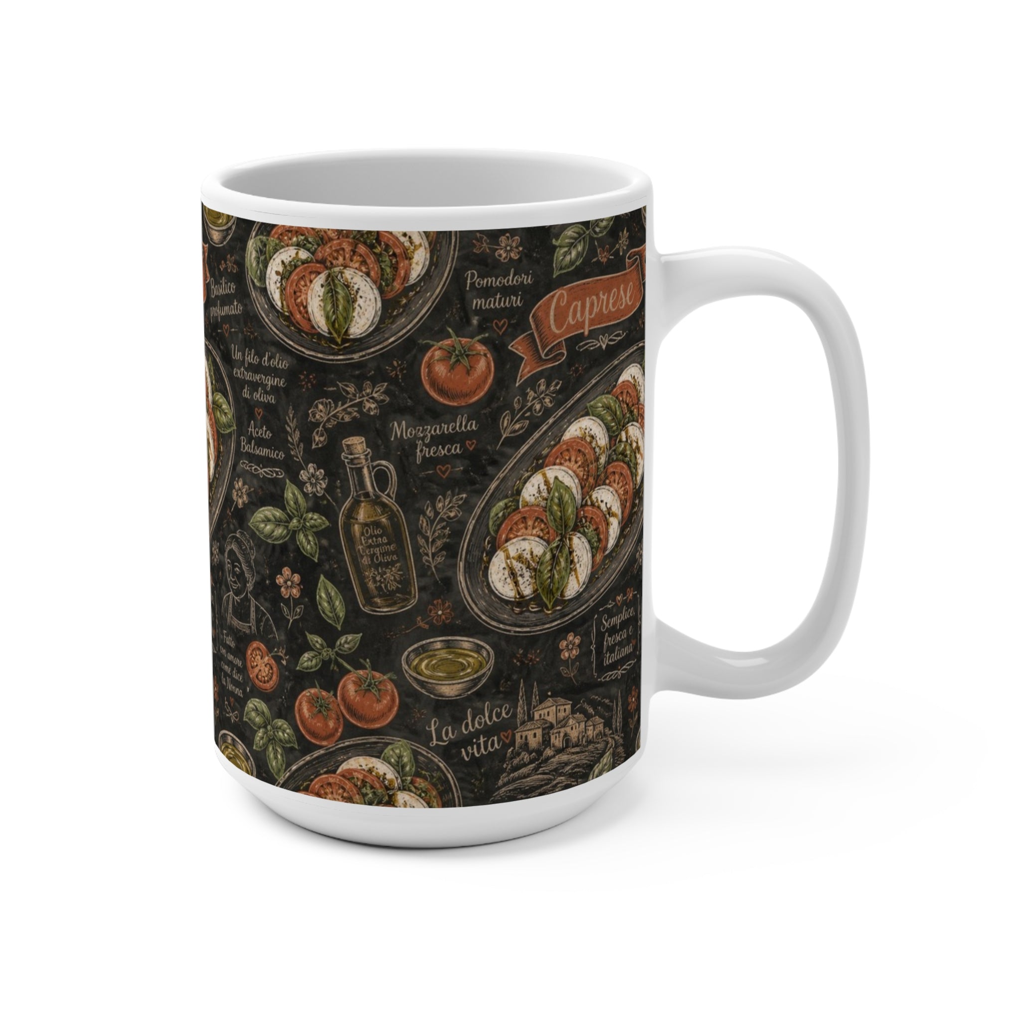 Caprese Arrangement 15oz Ceramic Mug Mediterranean Kitchen Chalk Art Design Italian Cottagecore Gift