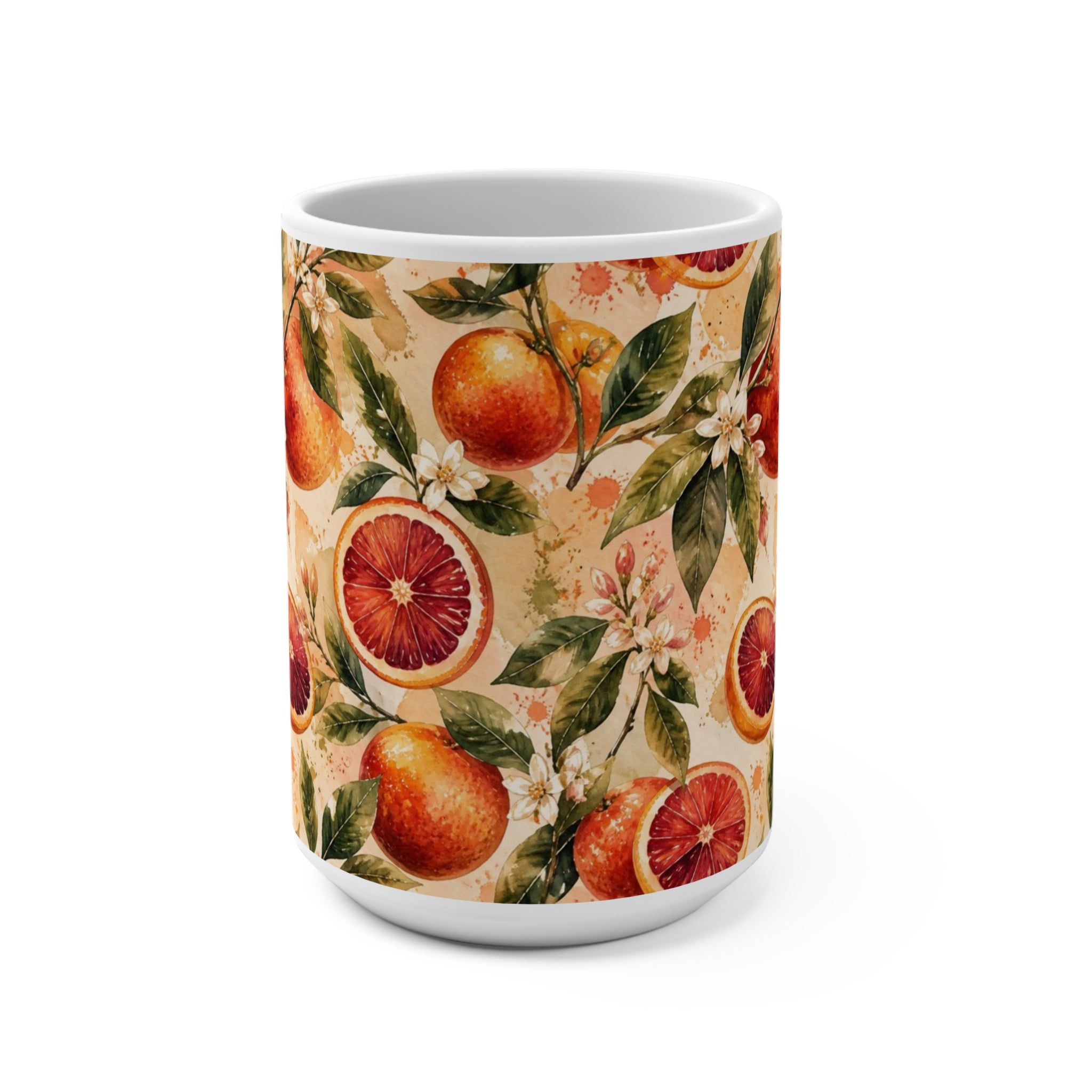 Blood Oranges 15oz Ceramic Mug Mediterranean Kitchen Watercolor Splash Design Italian Cottagecore Gift