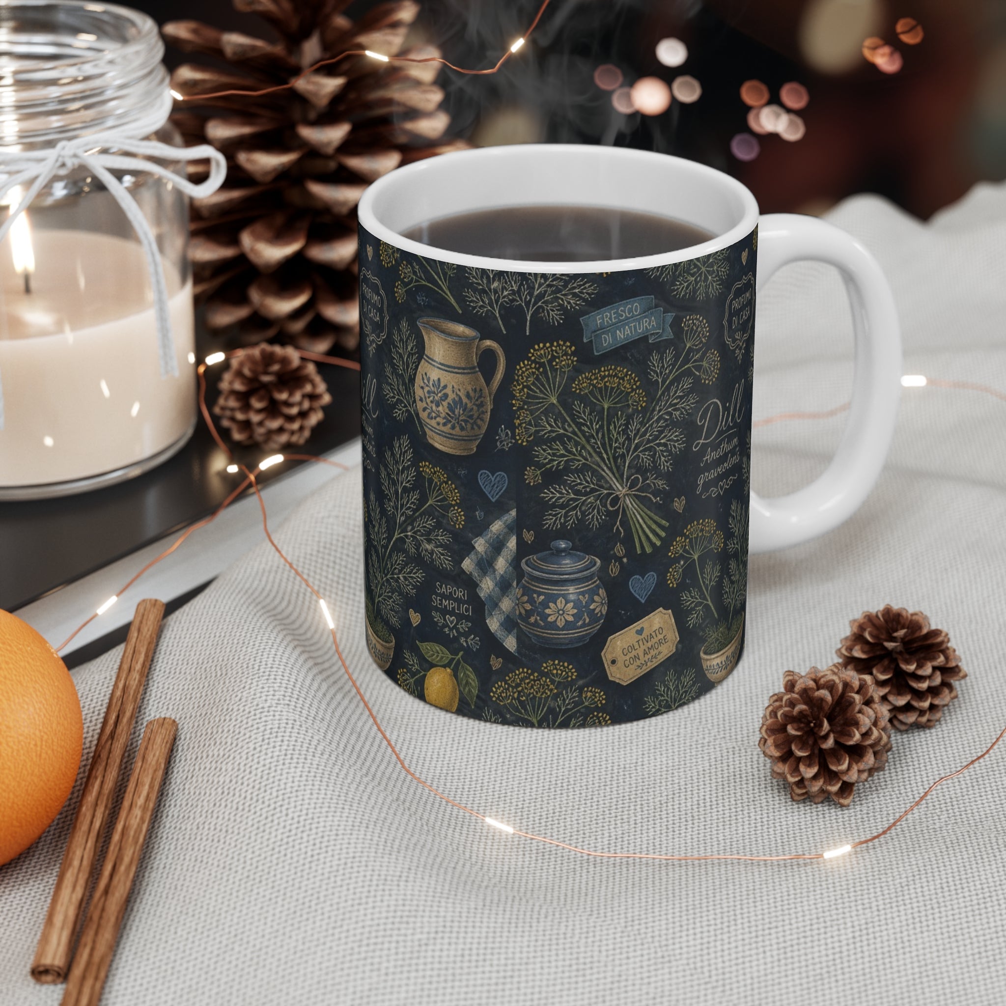 Dill Fronds 11oz Ceramic Mug Mediterranean Kitchen Chalk Art Design Italian Cottagecore Gift