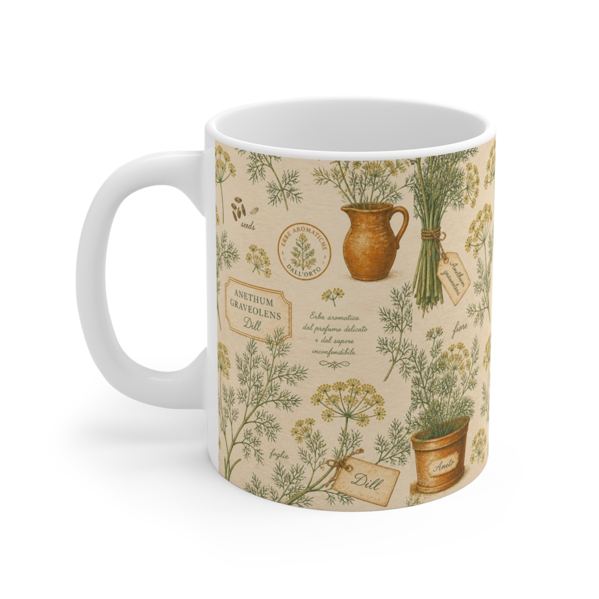 Dill Fronds 11oz Ceramic Mug Mediterranean Kitchen Botanical Design Italian Cottagecore Gift