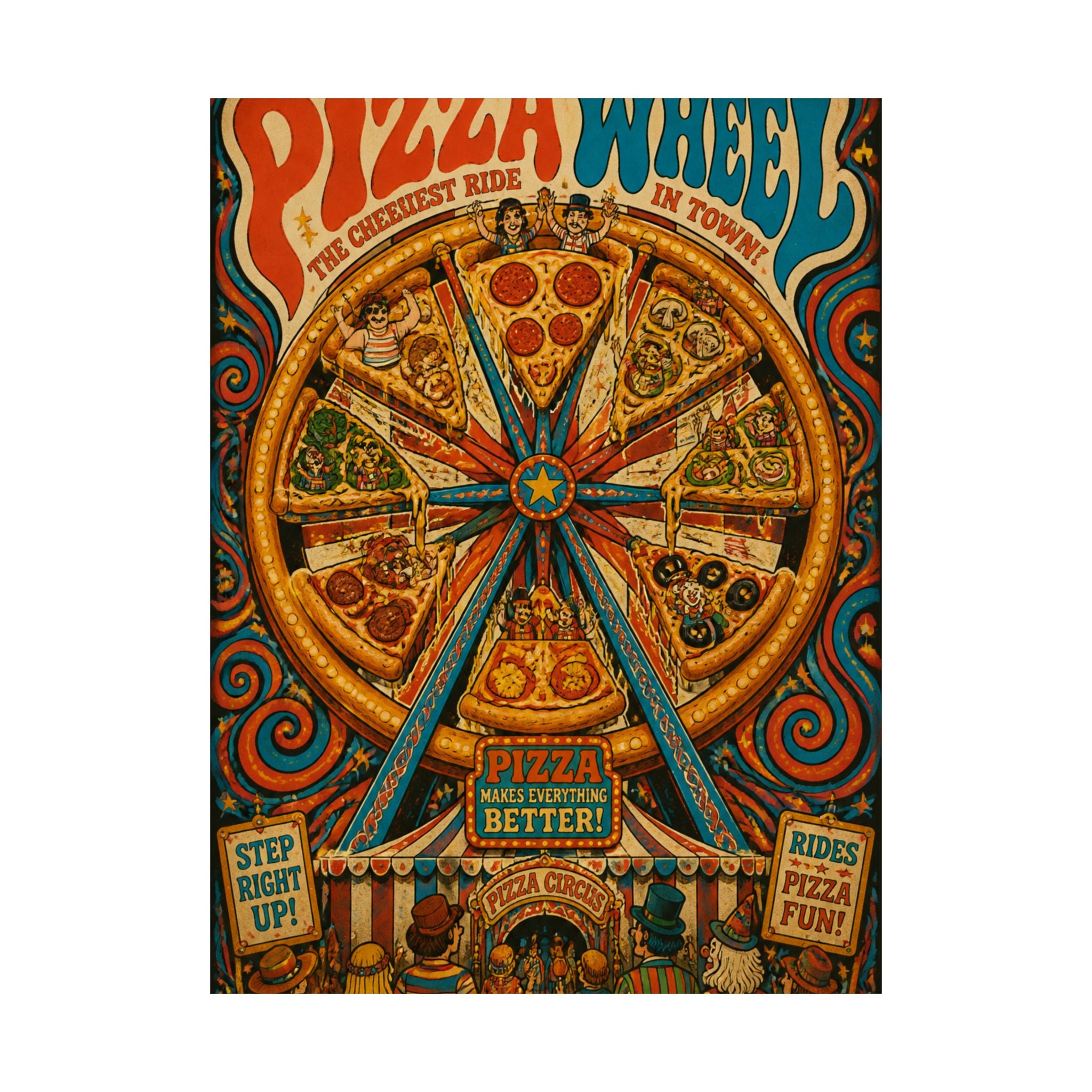 Pizza Ferris Wheel Wall Art Poster 18×24 Psychedelic Cafe Decor Maximalist Print