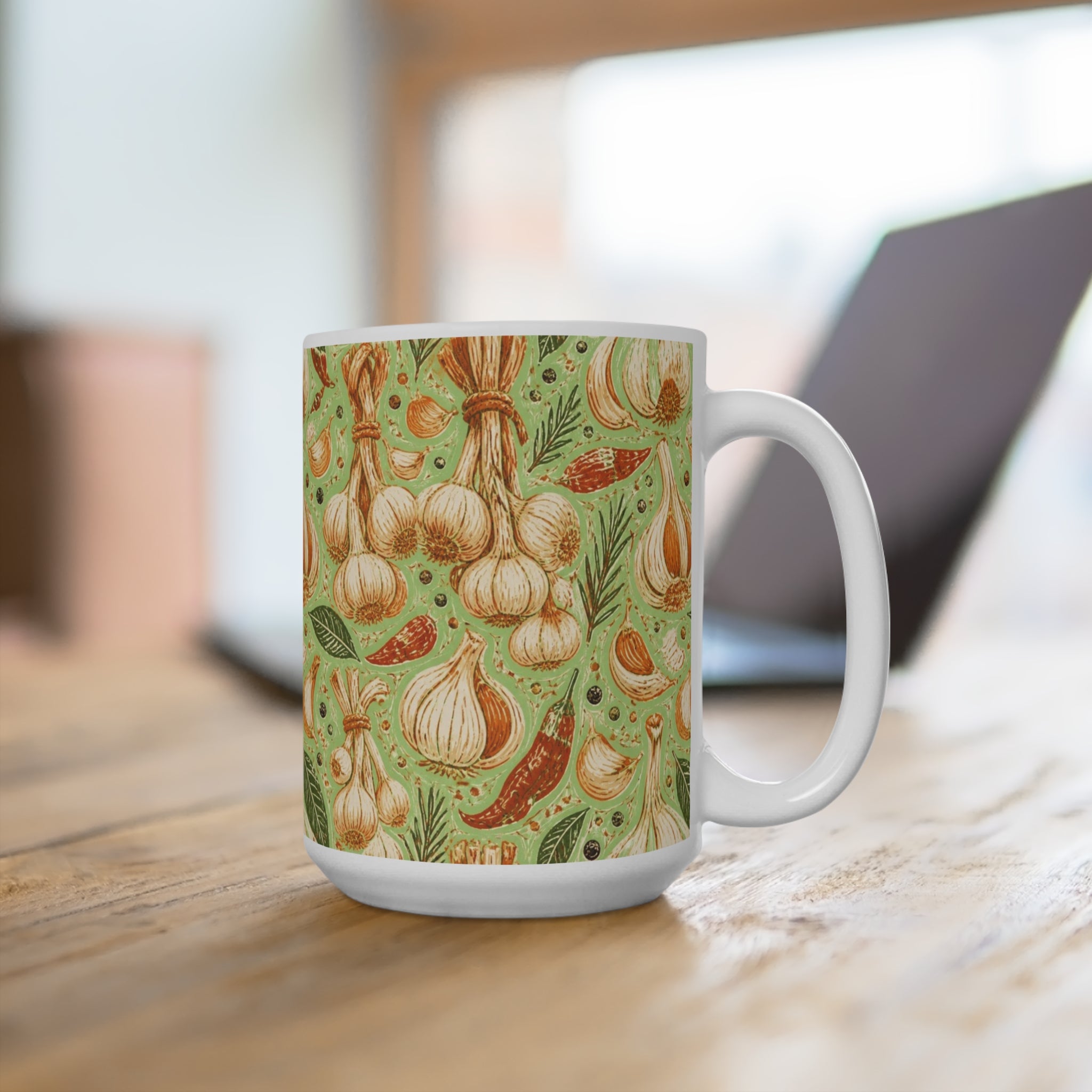 Garlic Bulbs & Cloves 15oz Ceramic Mug Mediterranean Kitchen Linocut Design Italian Cottagecore Gift