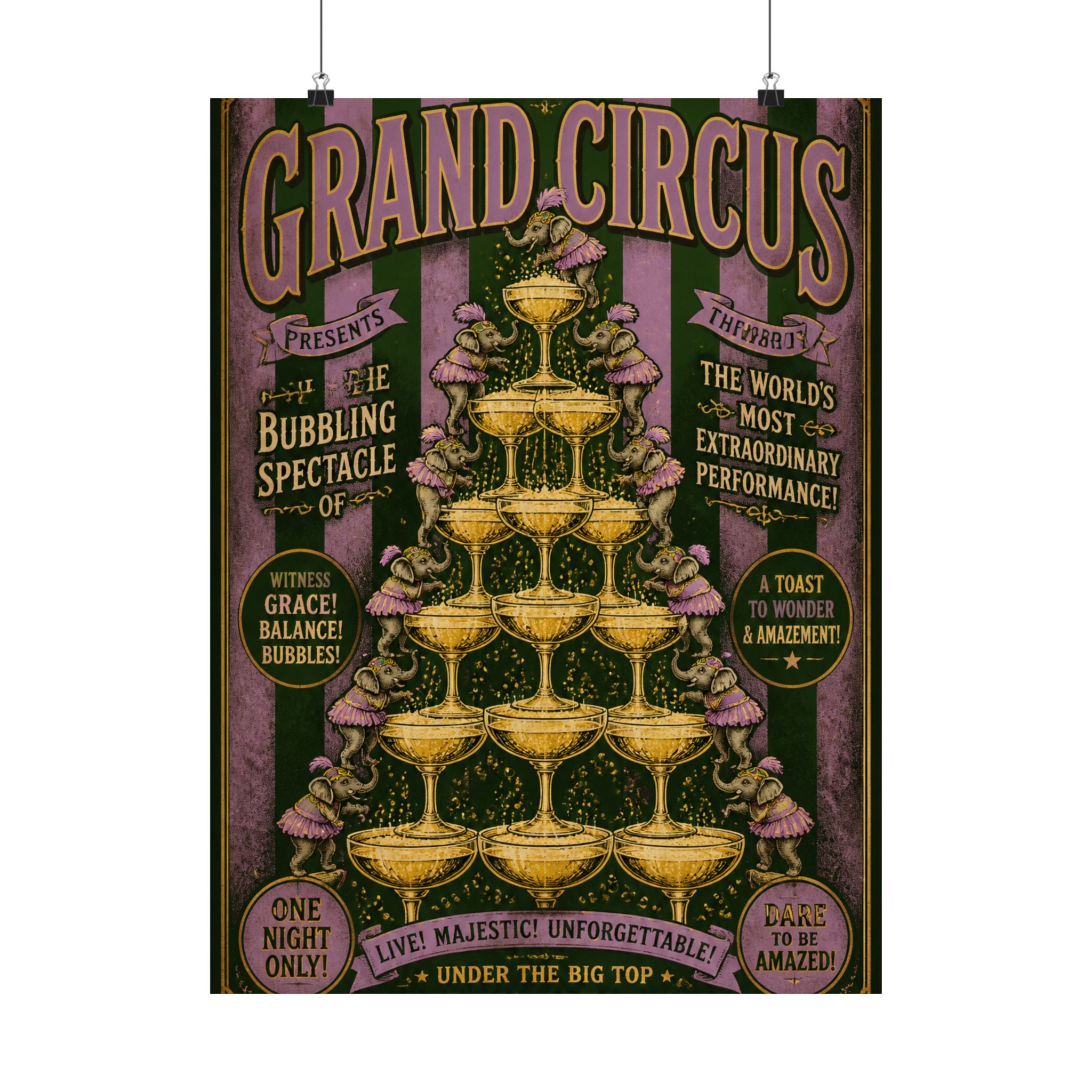 Champagne Tower Elephants Wall Art Poster 18×24 Vintage Circus Kitchen Decor Maximalist Print