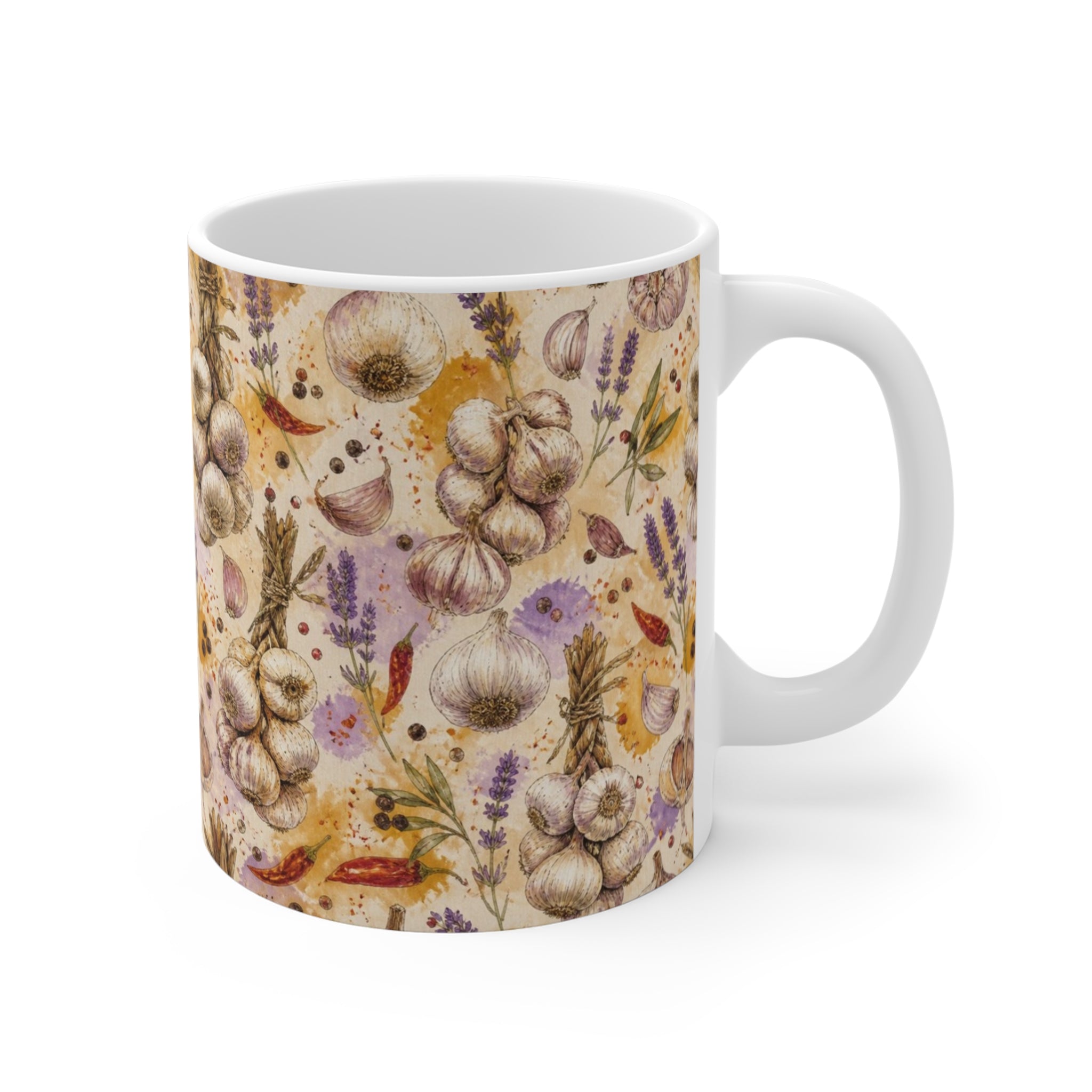 Garlic Bulbs & Cloves 11oz Ceramic Mug Mediterranean Kitchen Watercolor Design Italian Cottagecore Gift