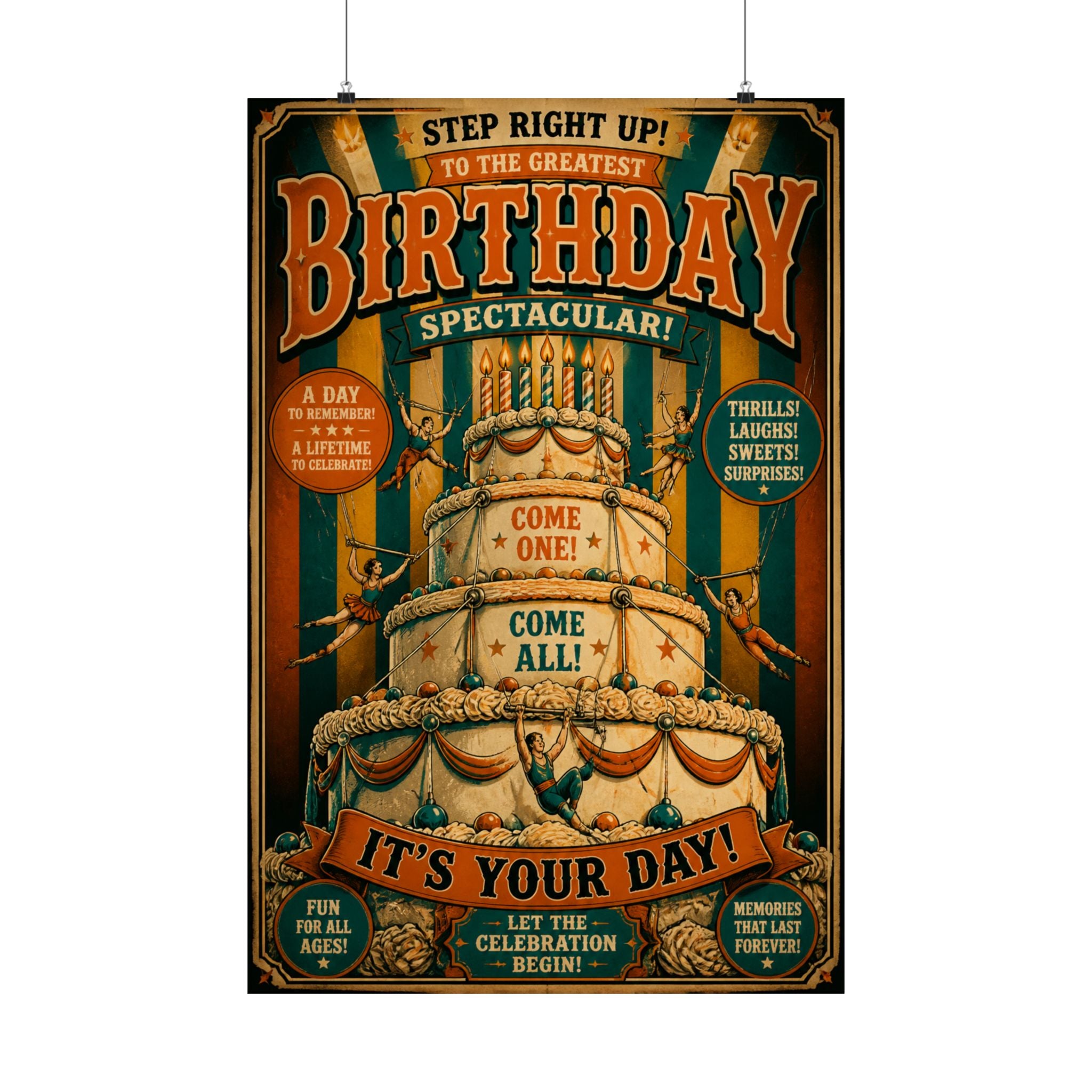 Birthday Cake Trapeze Wall Art Poster 24×36 Vintage Circus Bedroom Decor Maximalist Print