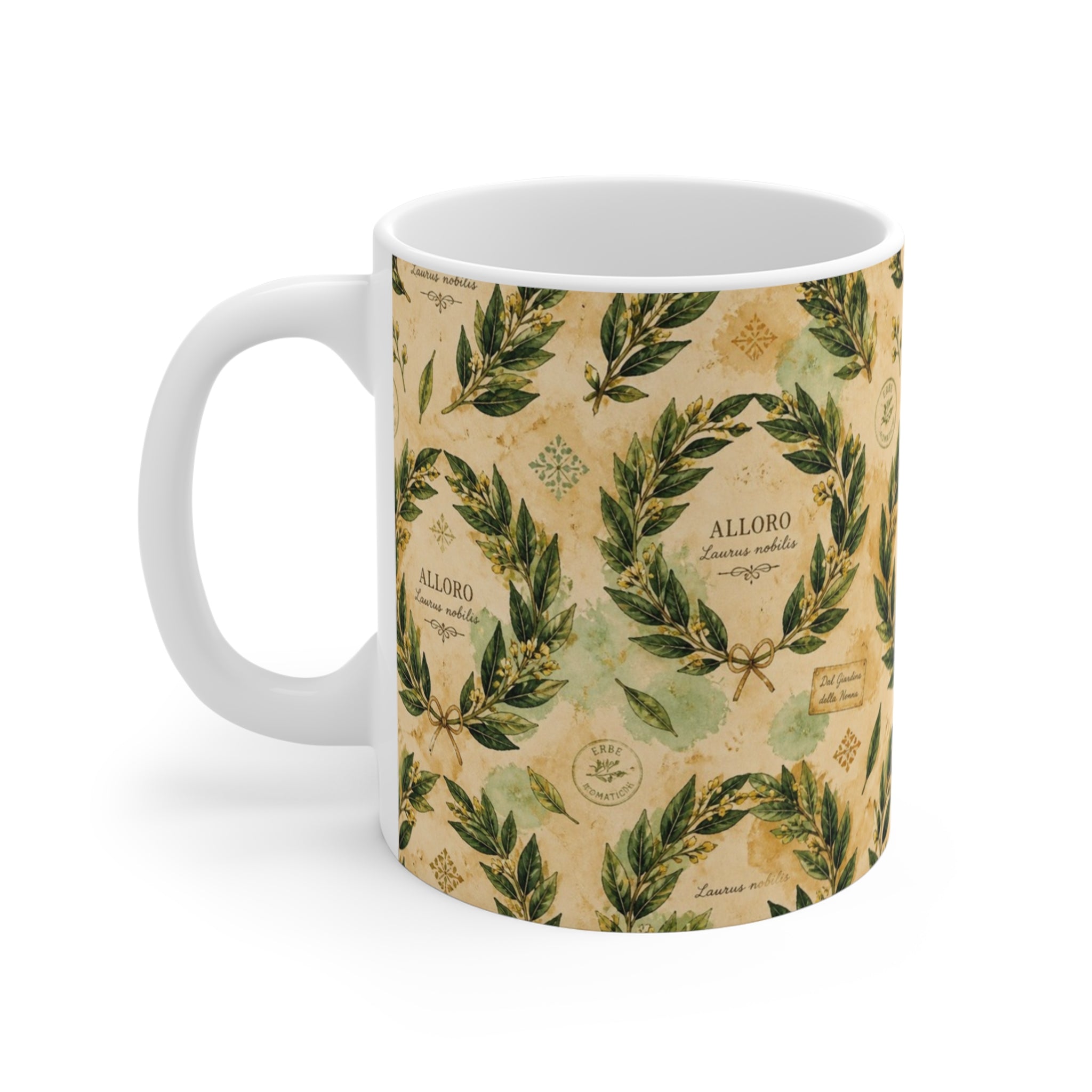Bay Laurel Wreath 11oz Ceramic Mug Mediterranean Kitchen Watercolor Design Italian Cottagecore Gift