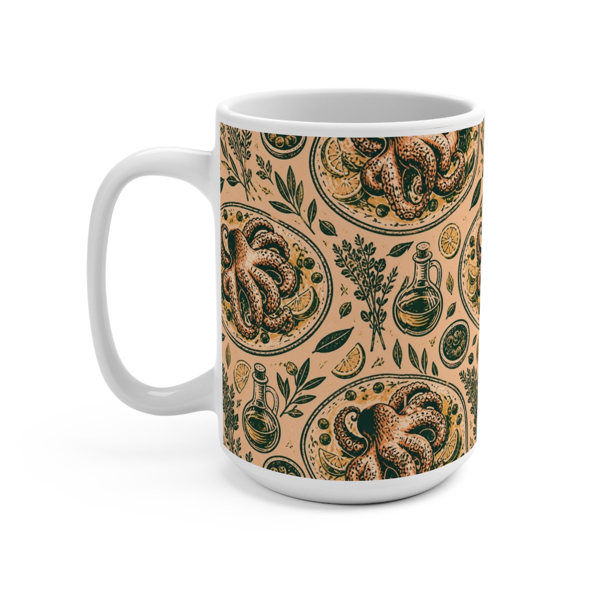 Grilled Octopus 15oz Ceramic Mug Mediterranean Kitchen Linocut Design Italian Cottagecore Gift