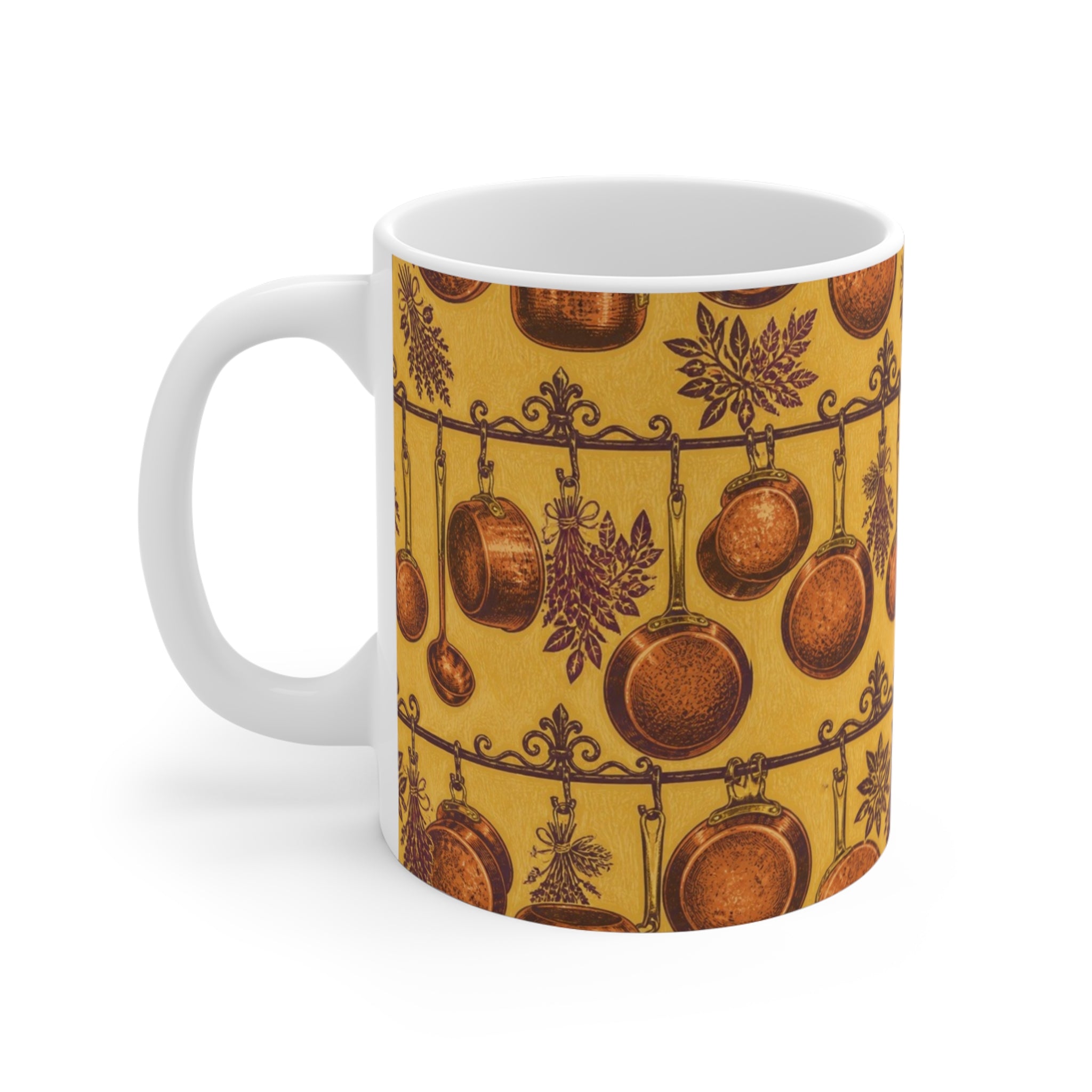 Copper Cookware 11oz Ceramic Mug Mediterranean Kitchen Linocut Design Italian Cottagecore Gift