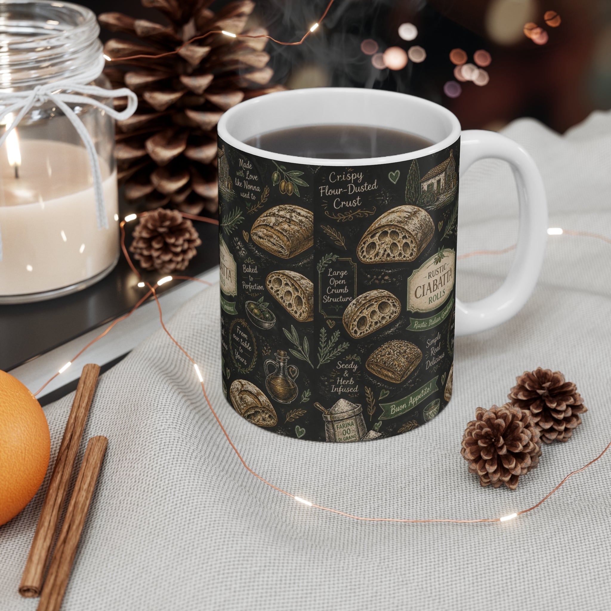 Ciabatta Rolls 11oz Ceramic Mug Mediterranean Kitchen Chalk Art Design Italian Cottagecore Gift
