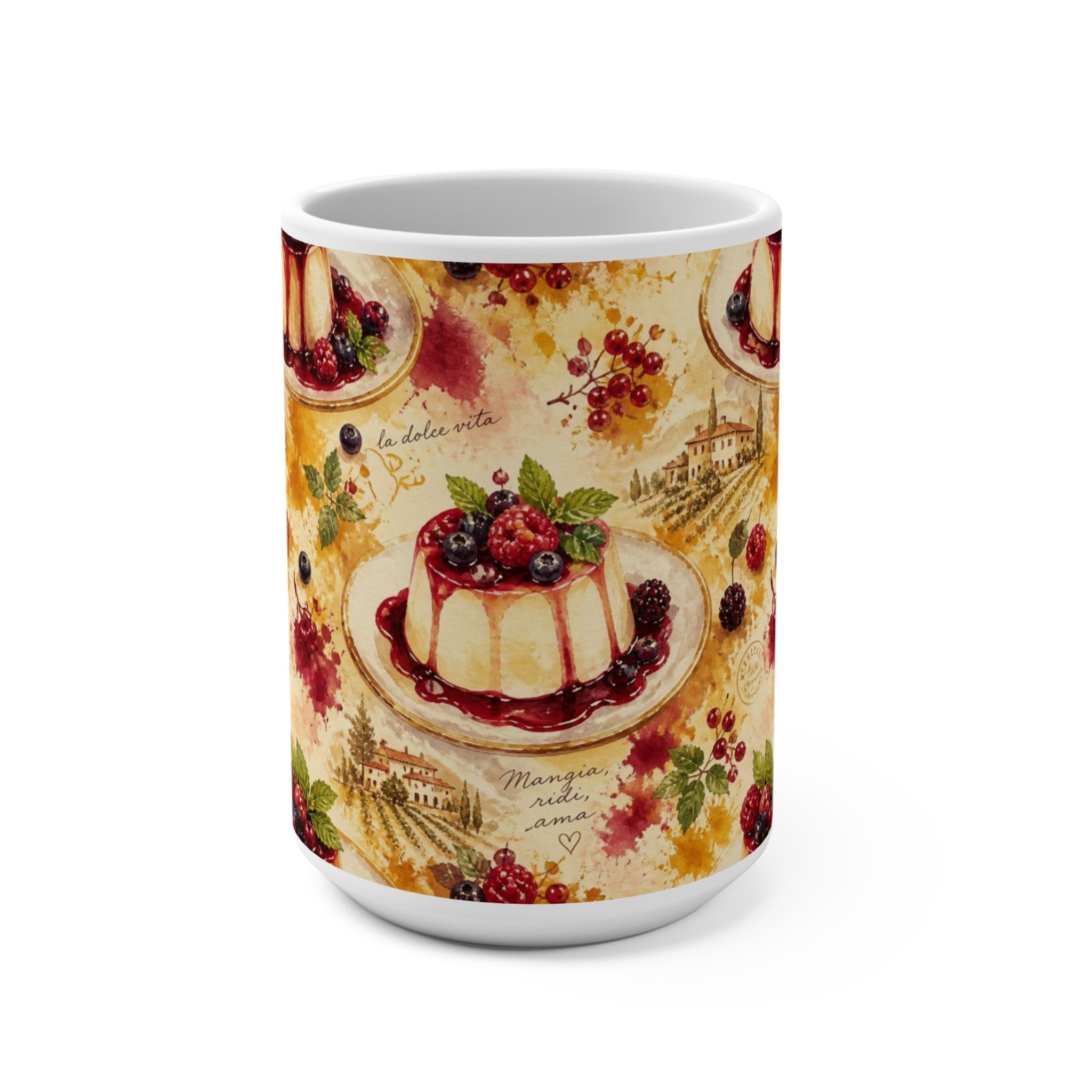 Panna Cotta 15oz Ceramic Mug Mediterranean Kitchen Watercolor Splash Design Italian Cottagecore Gift