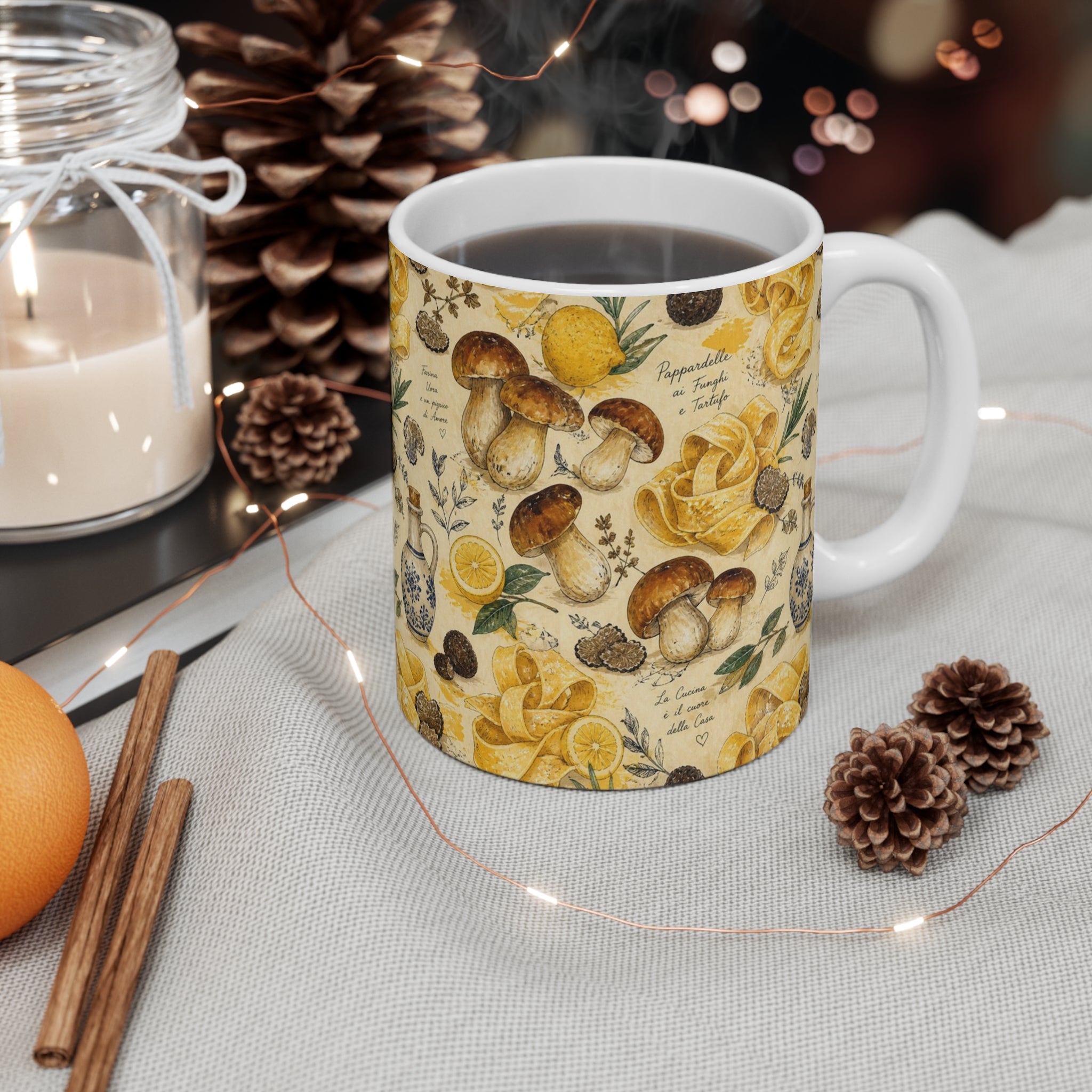 Pappardelle Ribbons 11oz Ceramic Mug Mediterranean Kitchen Watercolor Design Italian Cottagecore Gift