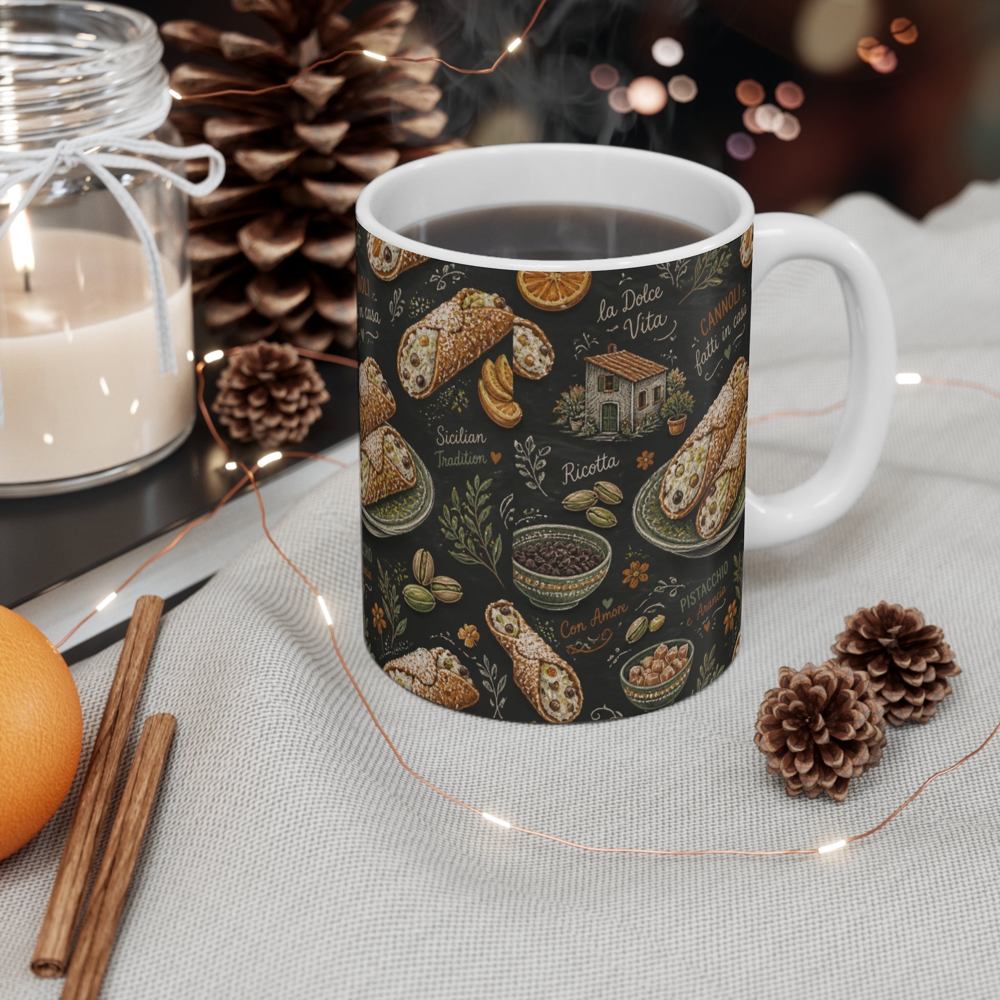 Sicilian Cannoli 11oz Ceramic Mug Mediterranean Kitchen Chalk Art Design Italian Cottagecore Gift