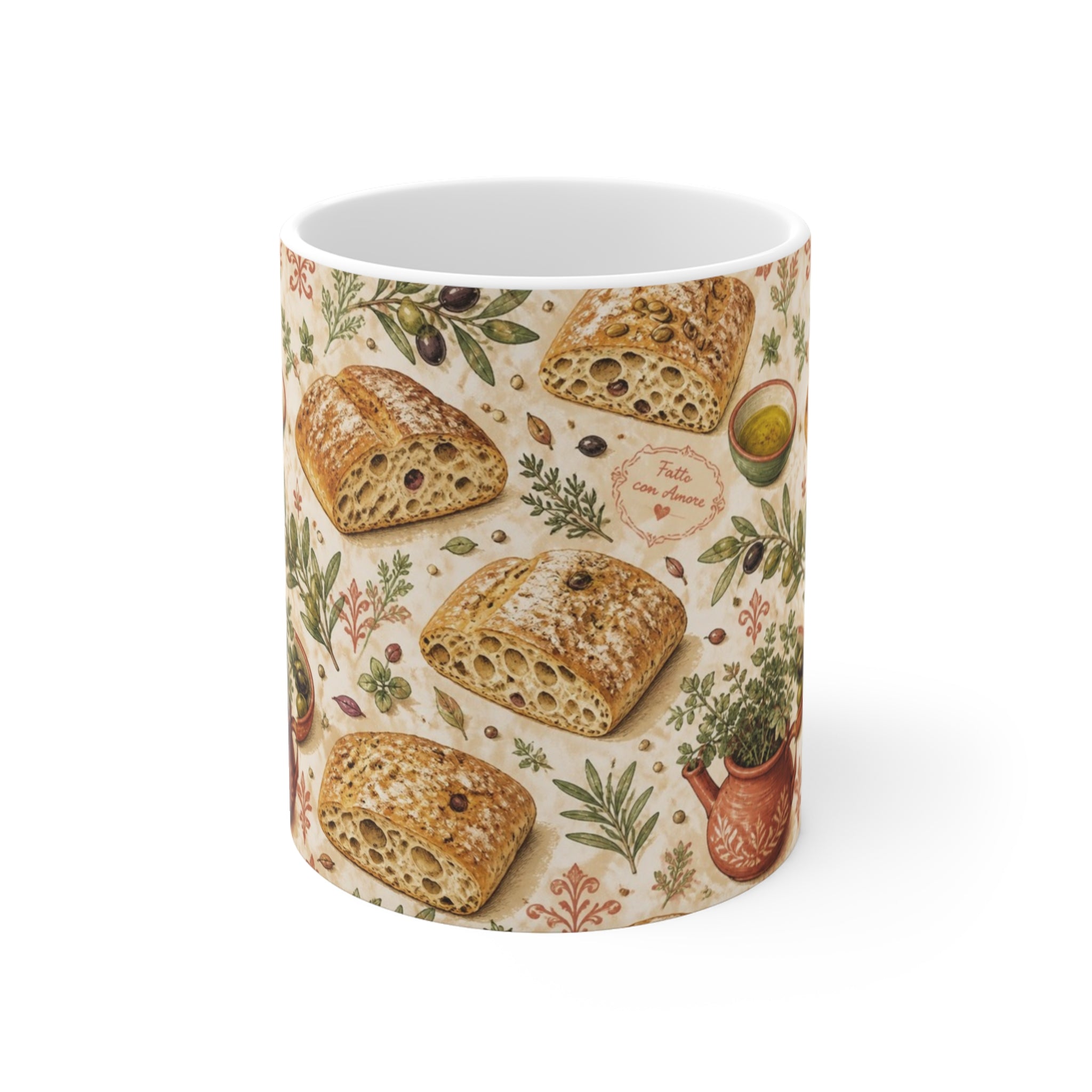 Ciabatta Rolls 11oz Ceramic Mug Mediterranean Kitchen Watercolor Design Italian Cottagecore Gift