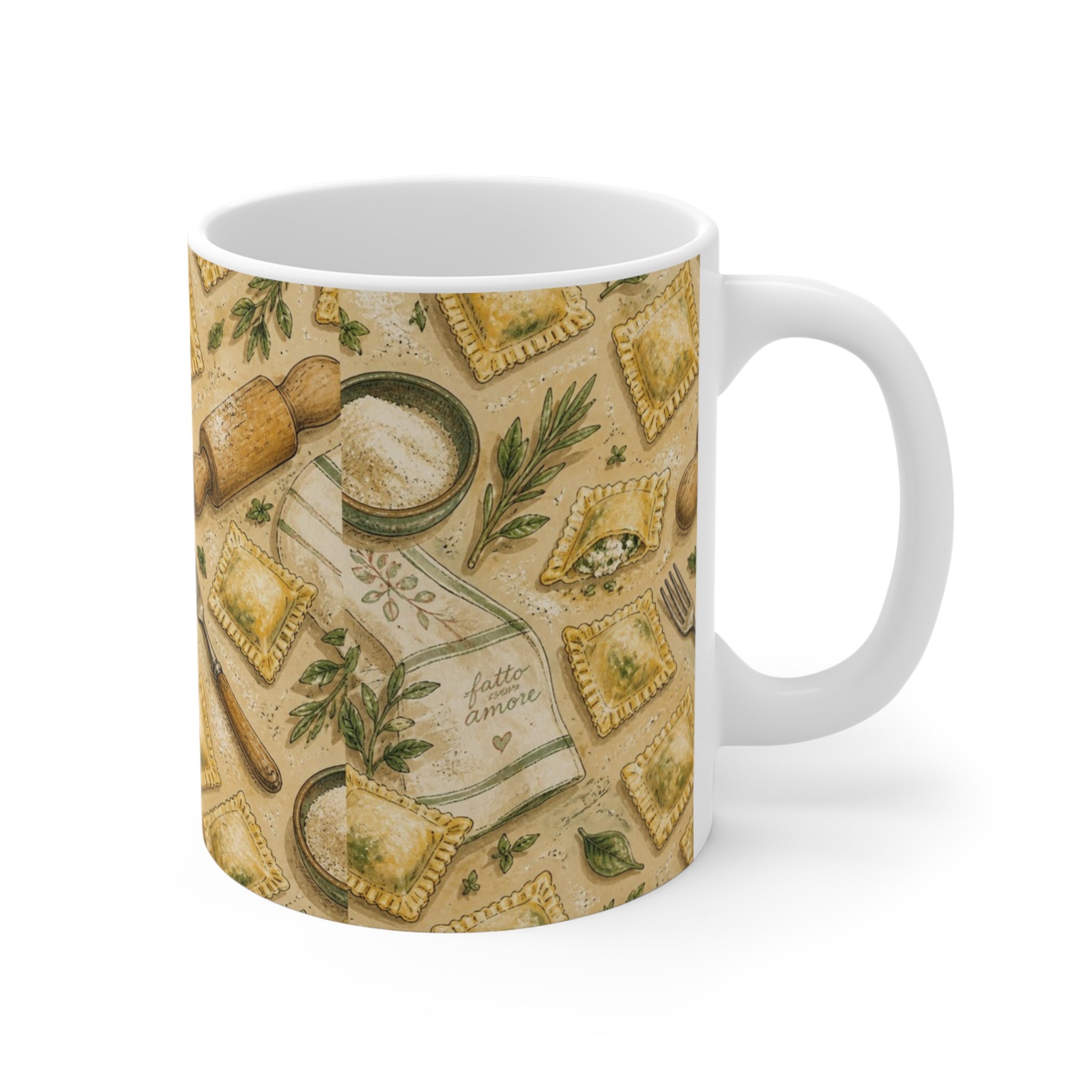 Fresh Ravioli 11oz Ceramic Mug Mediterranean Kitchen Watercolor Design Italian Cottagecore Gift