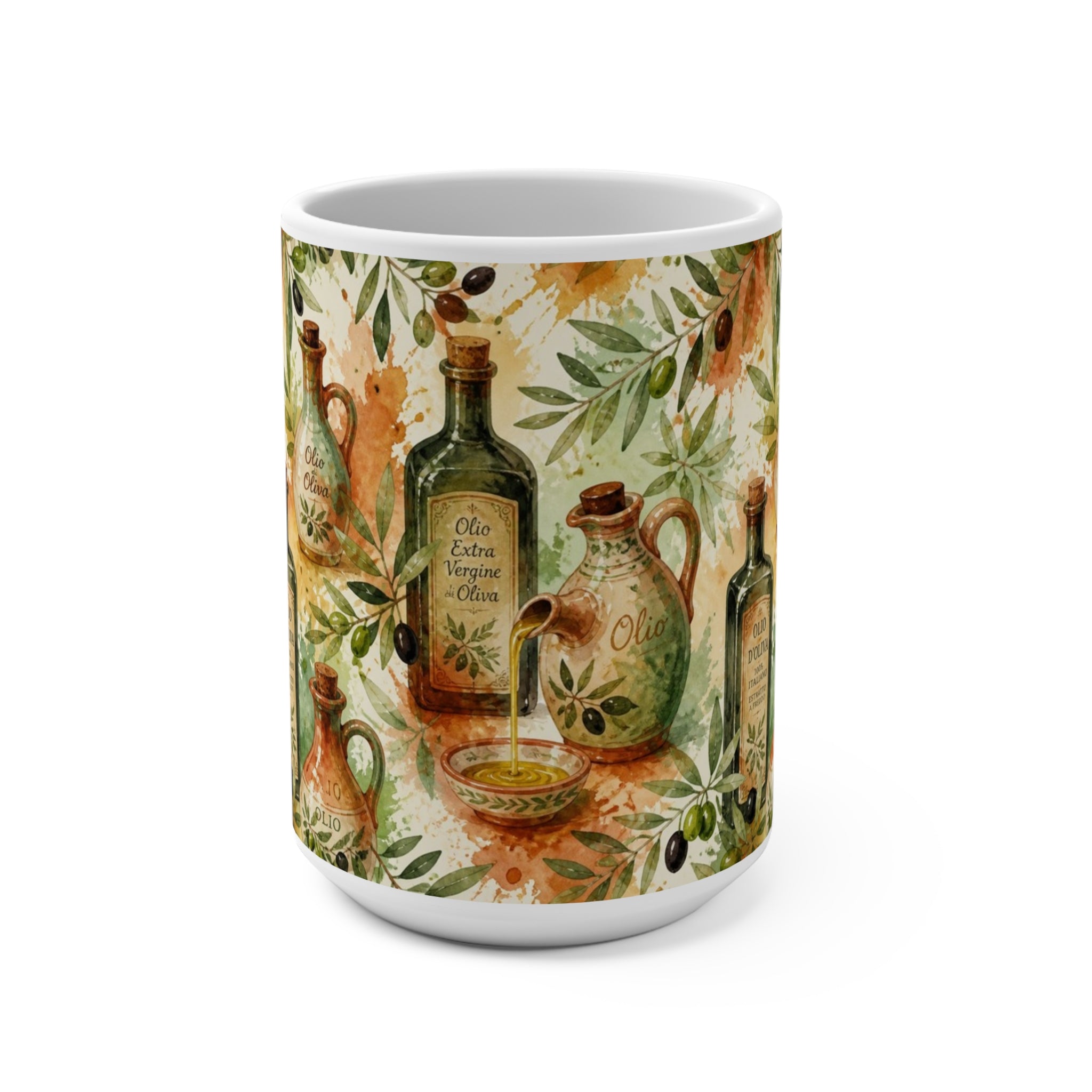 Olive Oil Bottles 15oz Ceramic Mug Mediterranean Kitchen Watercolor Splash Design Italian Cottagecore Gift