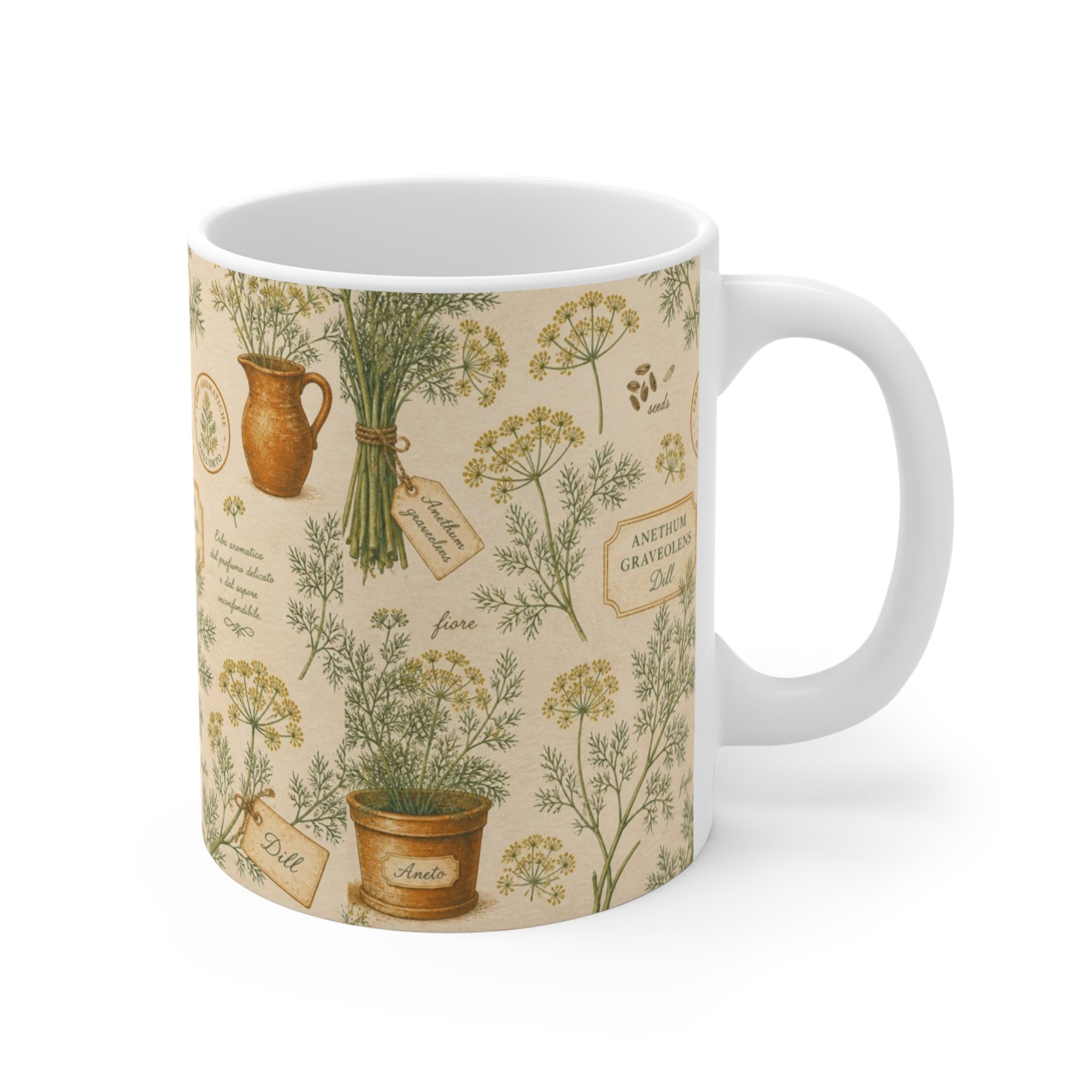Dill Fronds 11oz Ceramic Mug Mediterranean Kitchen Botanical Design Italian Cottagecore Gift