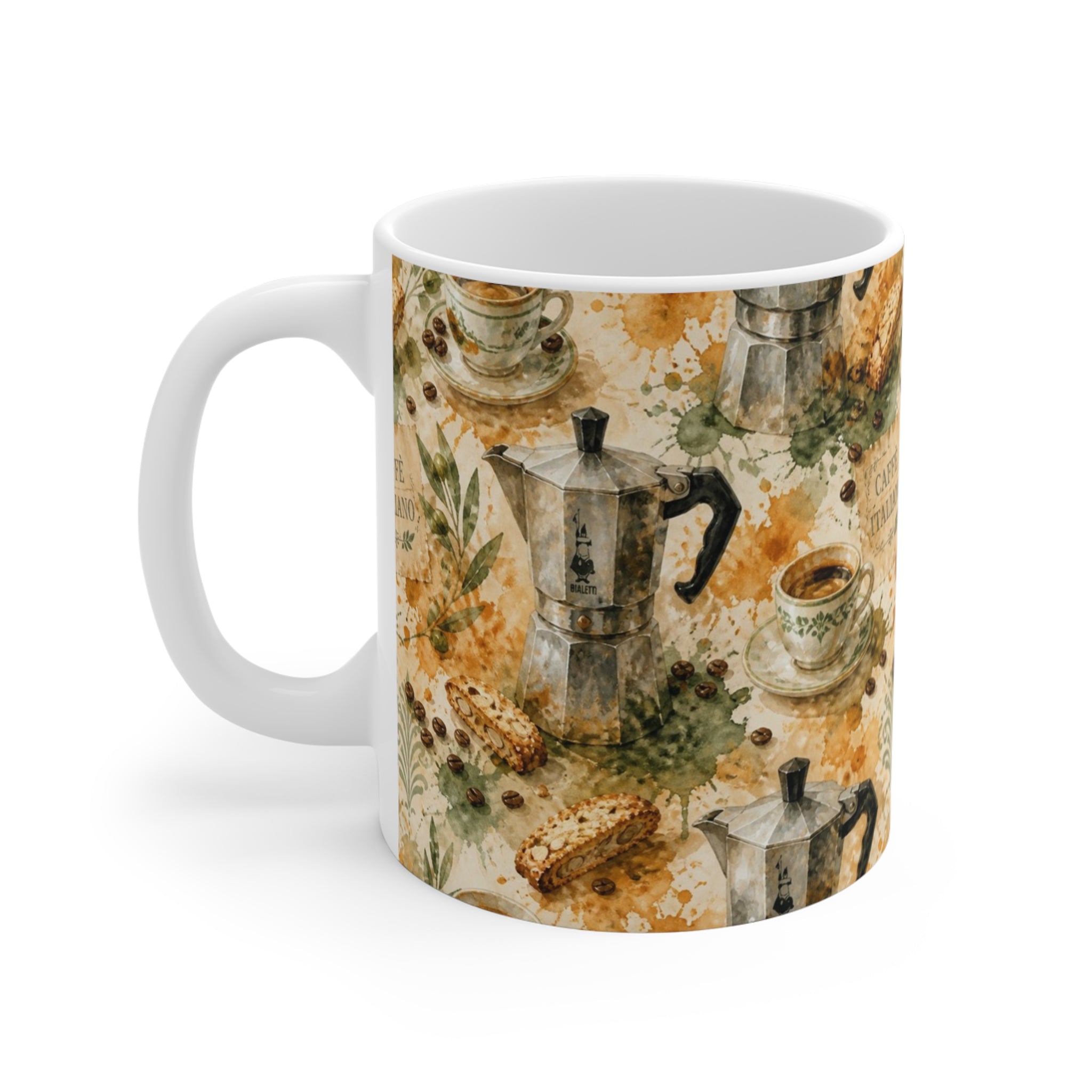 Espresso Moka Pot 11oz Ceramic Mug Mediterranean Kitchen Watercolor Splash Design Italian Cottagecore Gift