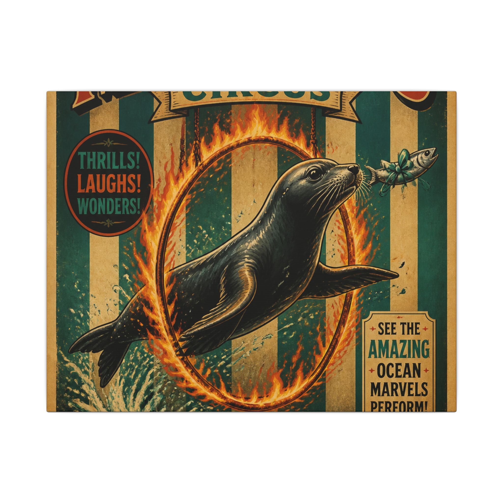 Seal Fire Hoop Wall Art Canvas 24×36 Vintage Circus Bedroom Decor Maximalist Print