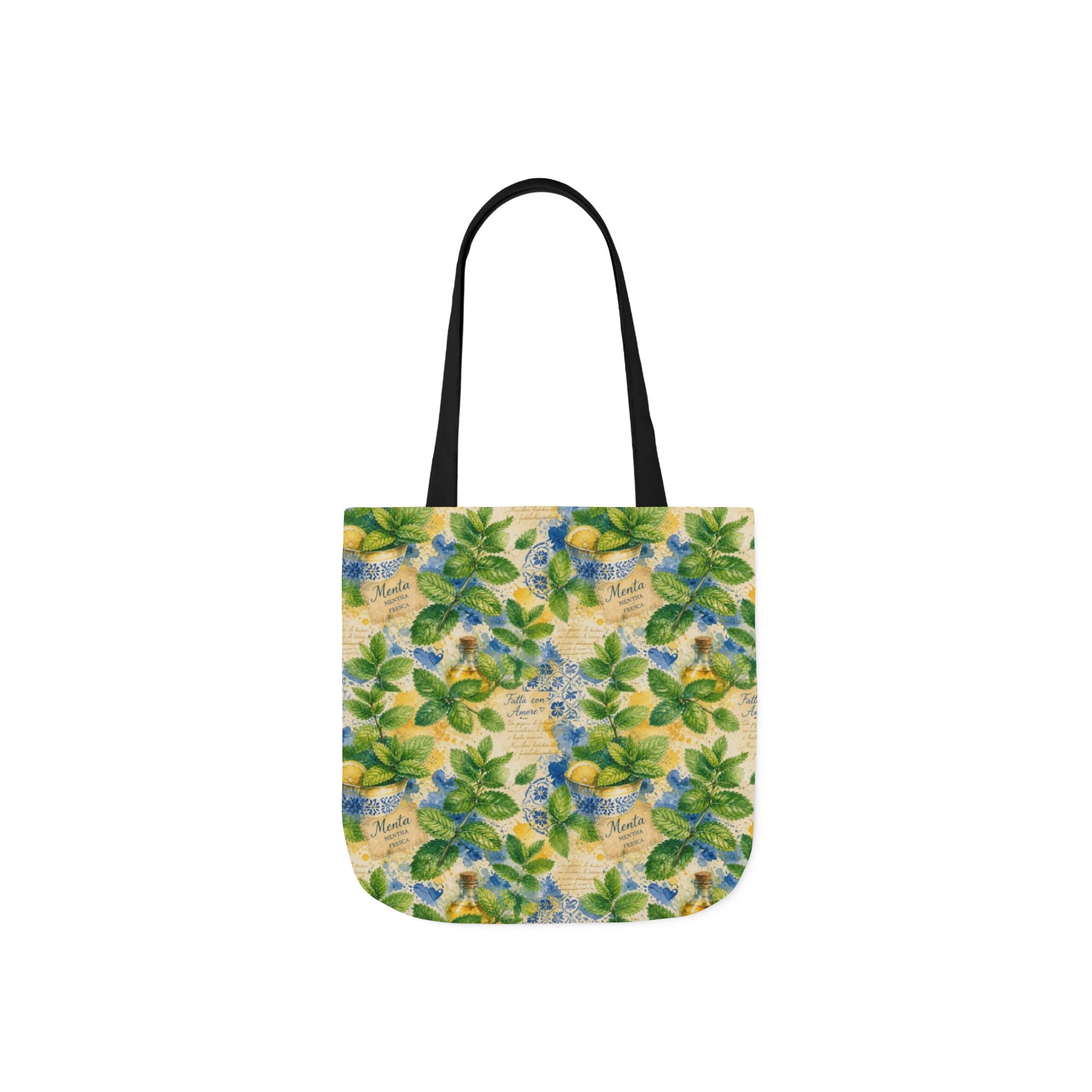 Fresh Mint Leaves Canvas Tote Bag Mediterranean Kitchen Watercolor Splash Design Italian Cottagecore Gift