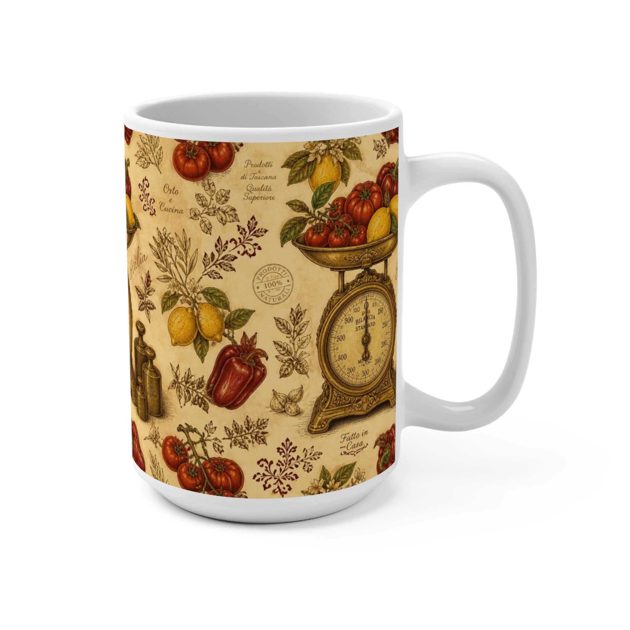 Vintage Kitchen Scale 15oz Ceramic Mug Mediterranean Kitchen Botanical Design Italian Cottagecore Gift