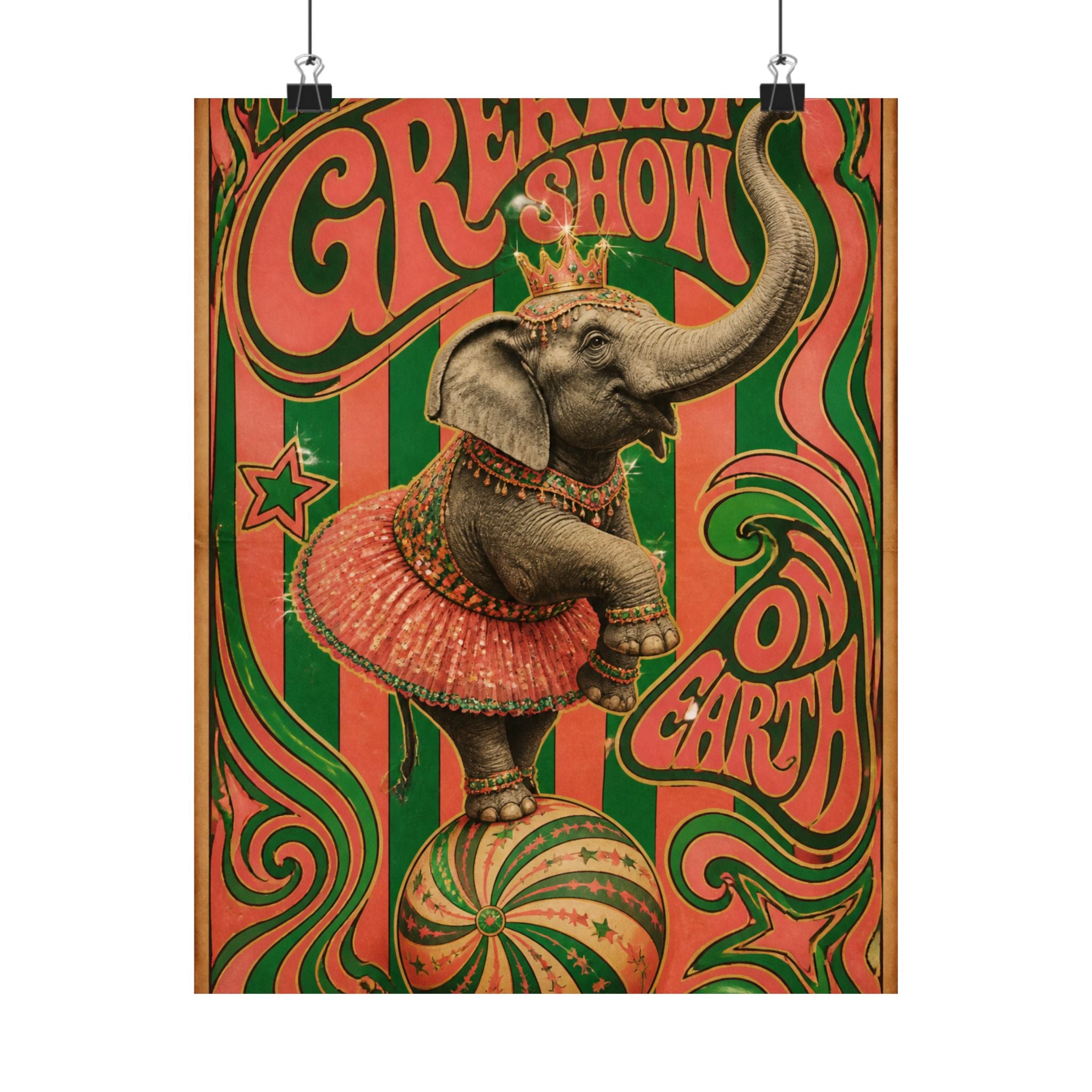 Elephant on Ball Wall Art Poster 24×36 Psychedelic Dining Room Decor Maximalist Print