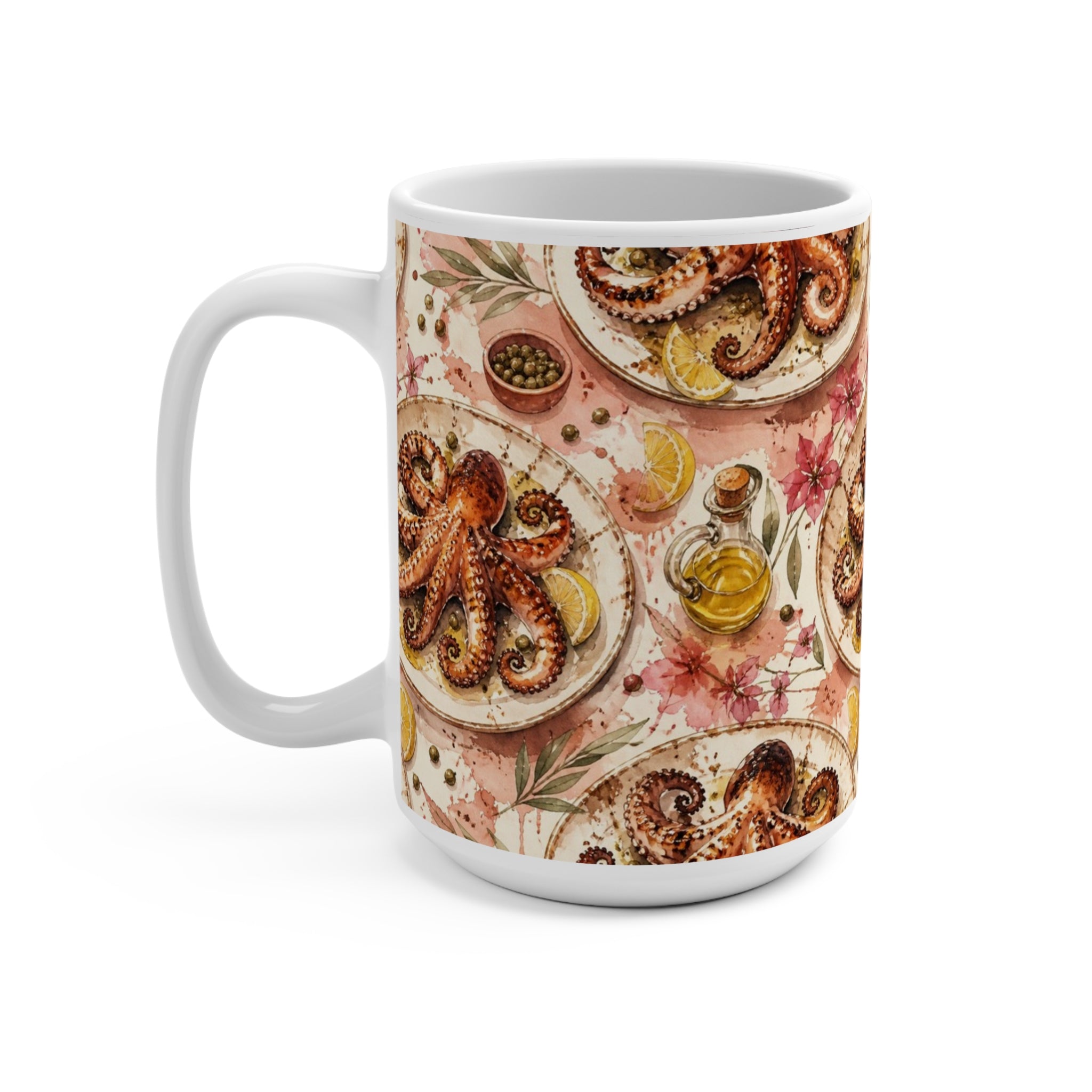 Grilled Octopus 15oz Ceramic Mug Mediterranean Kitchen Watercolor Splash Design Italian Cottagecore Gift