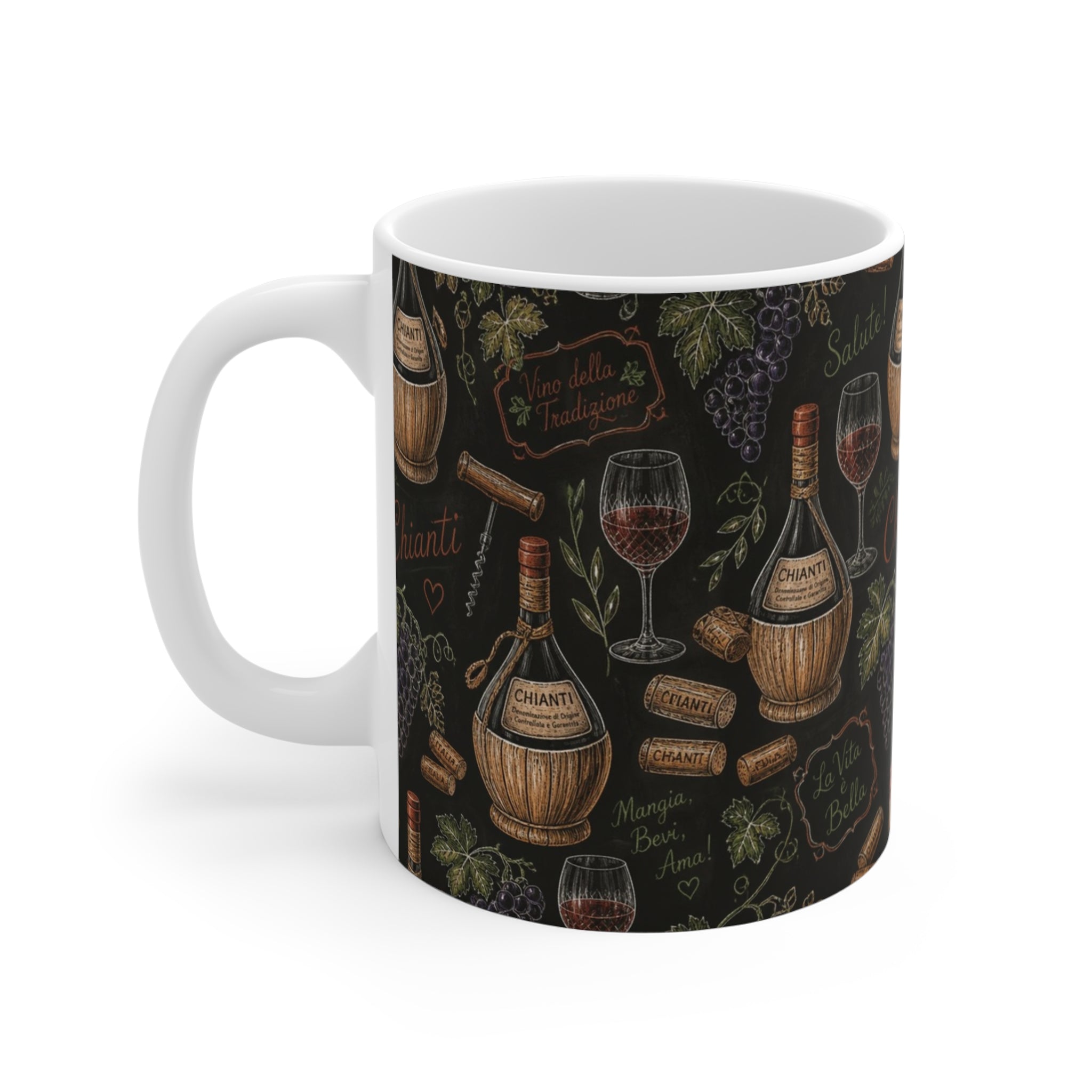 Wine Bottles & Glasses 11oz Ceramic Mug Mediterranean Kitchen Chalk Art Design Italian Cottagecore Gift
