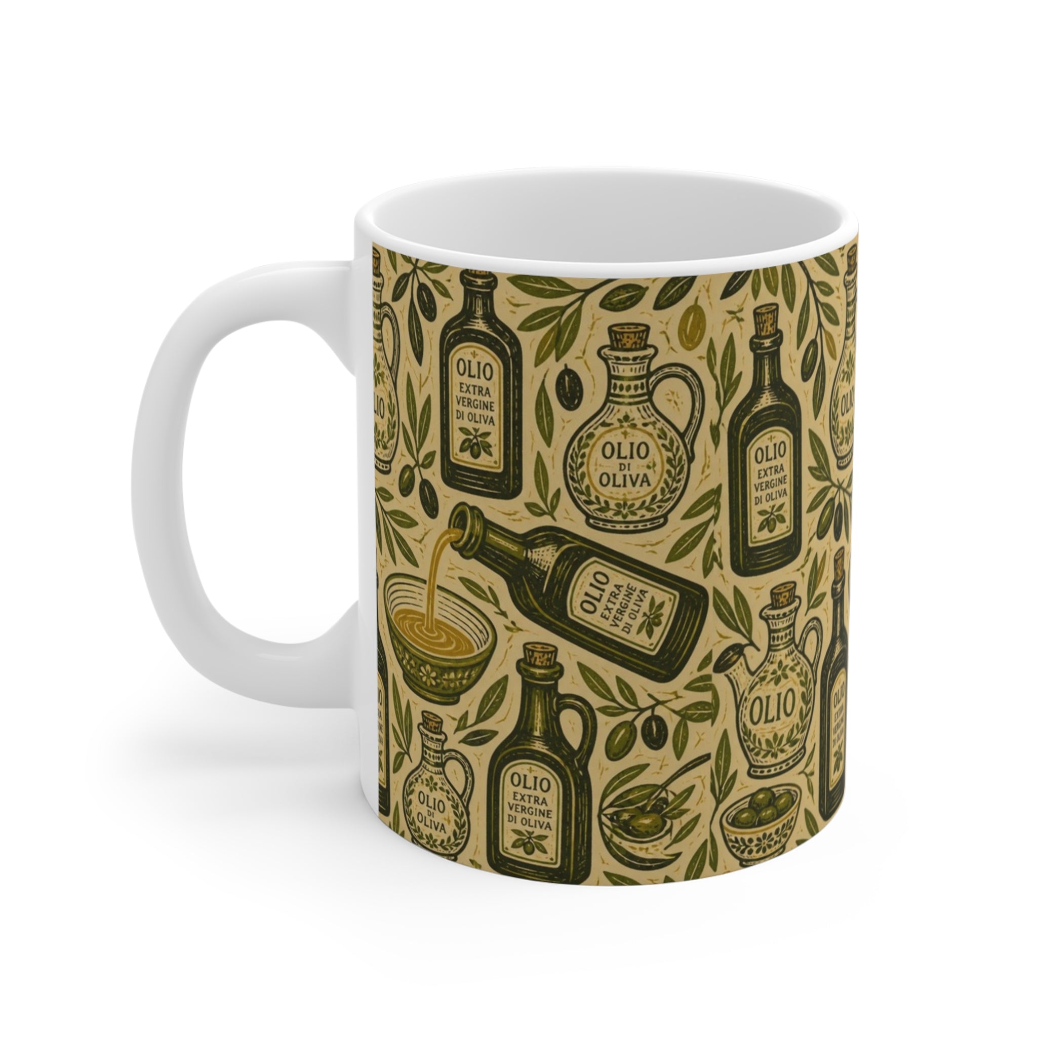Olive Oil Bottles 11oz Ceramic Mug Mediterranean Kitchen Linocut Design Italian Cottagecore Gift