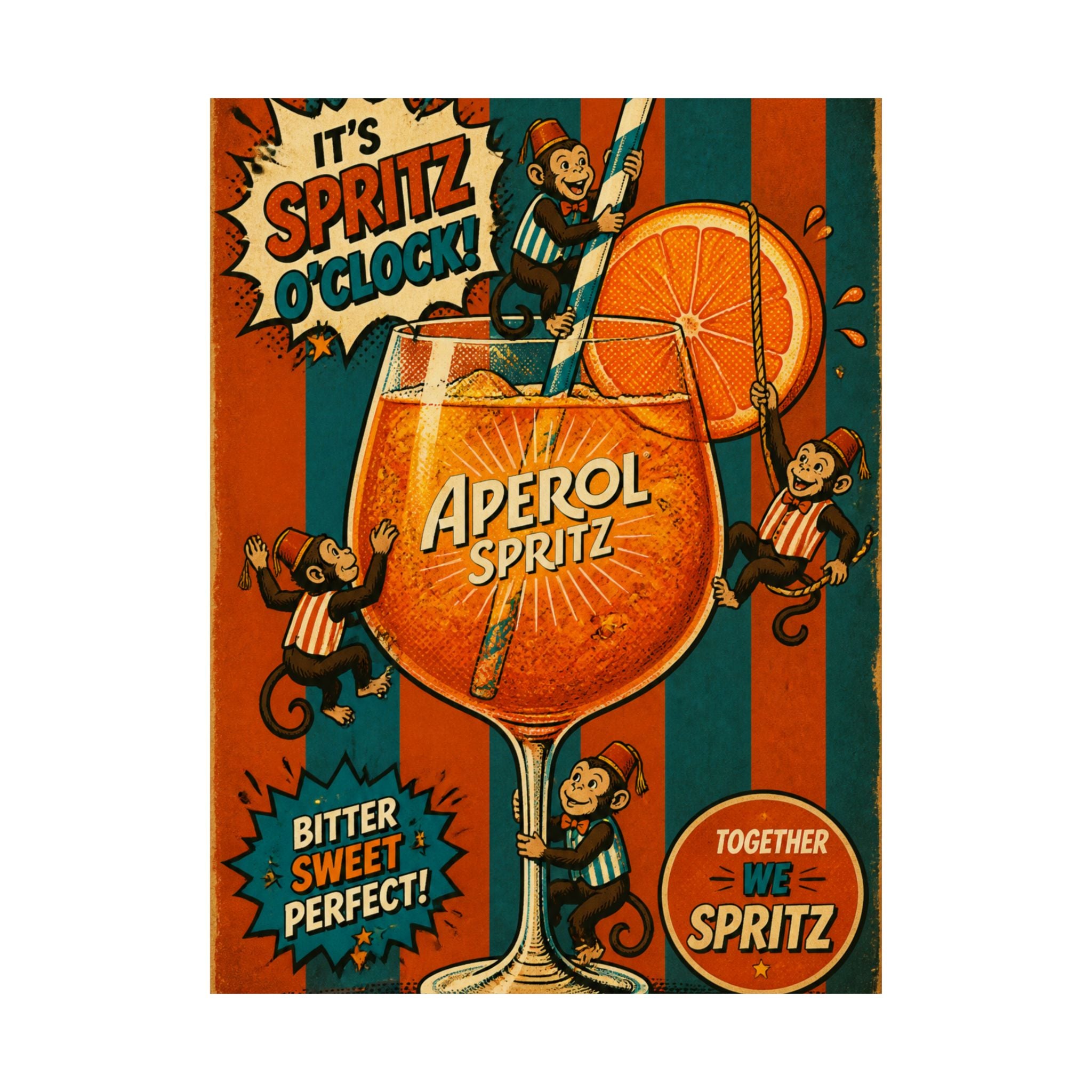 Aperol Spritz Monkeys Wall Art Poster 24×36 Pop Art Restaurant Decor Maximalist Print