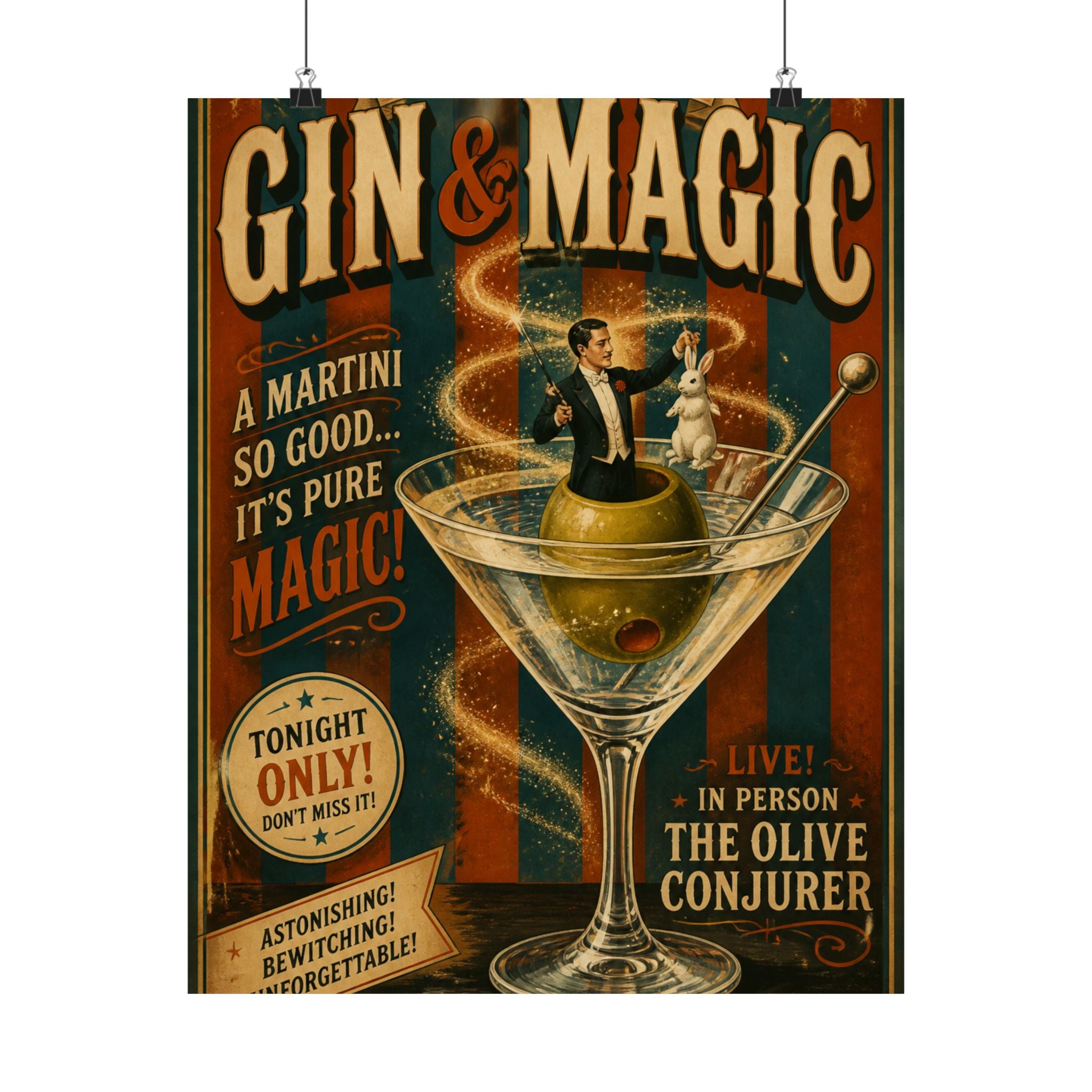 Martini Magician Wall Art Poster 18×24 Vintage Circus Kitchen Decor Maximalist Print