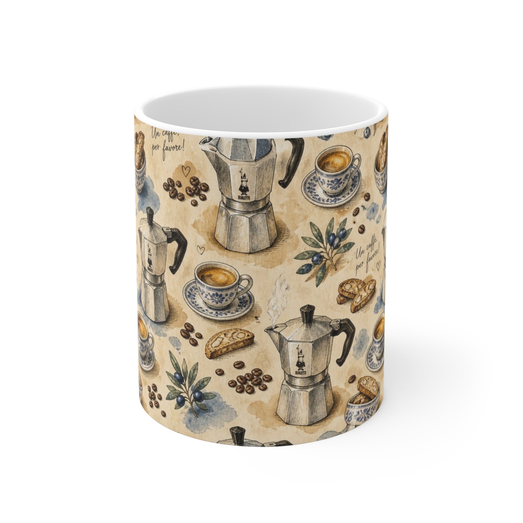Espresso Moka Pot 11oz Ceramic Mug Mediterranean Kitchen Watercolor Design Italian Cottagecore Gift