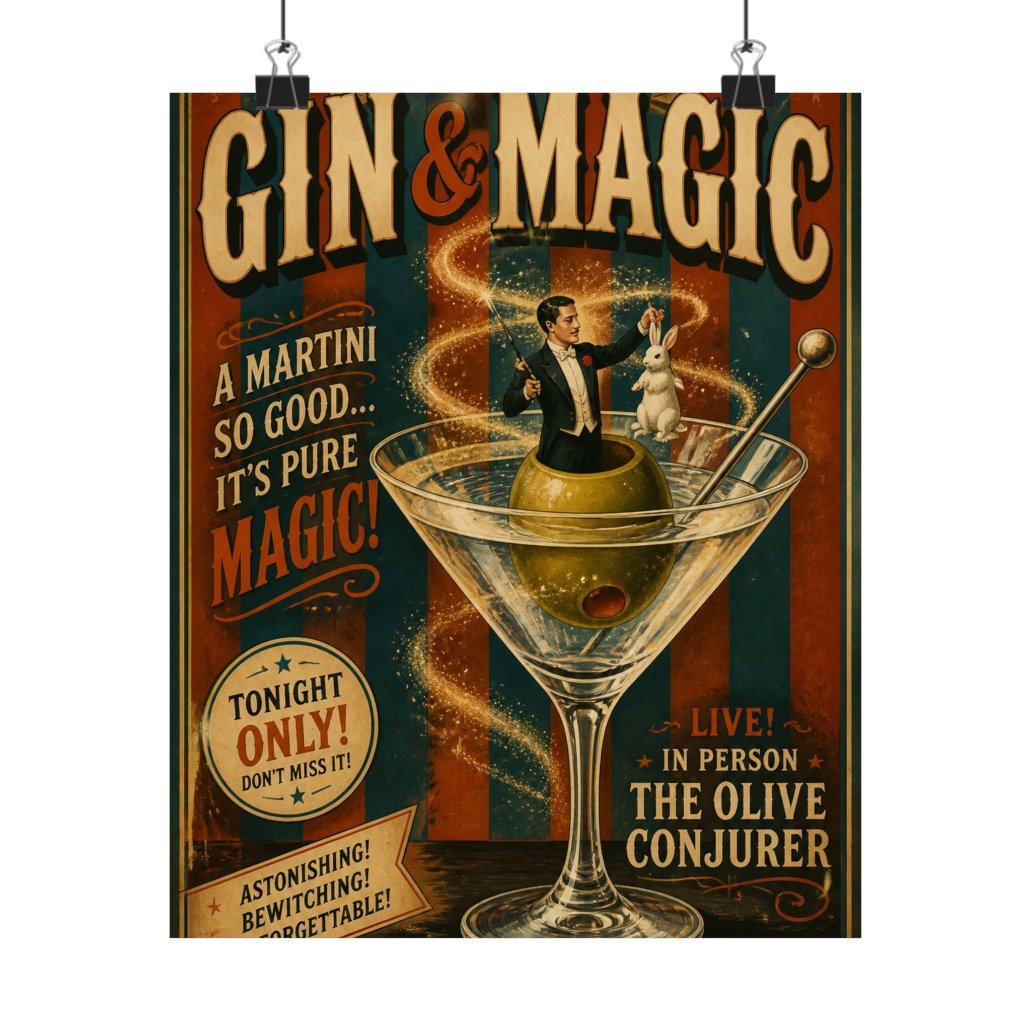 Martini Magician Wall Art Poster 18×24 Vintage Circus Kitchen Decor Maximalist Print
