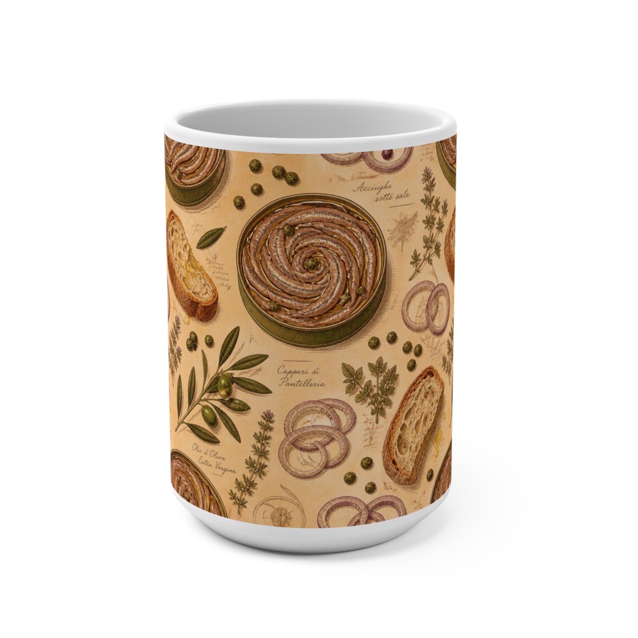 Anchovies & Capers 15oz Ceramic Mug Mediterranean Kitchen Botanical Design Italian Cottagecore Gift