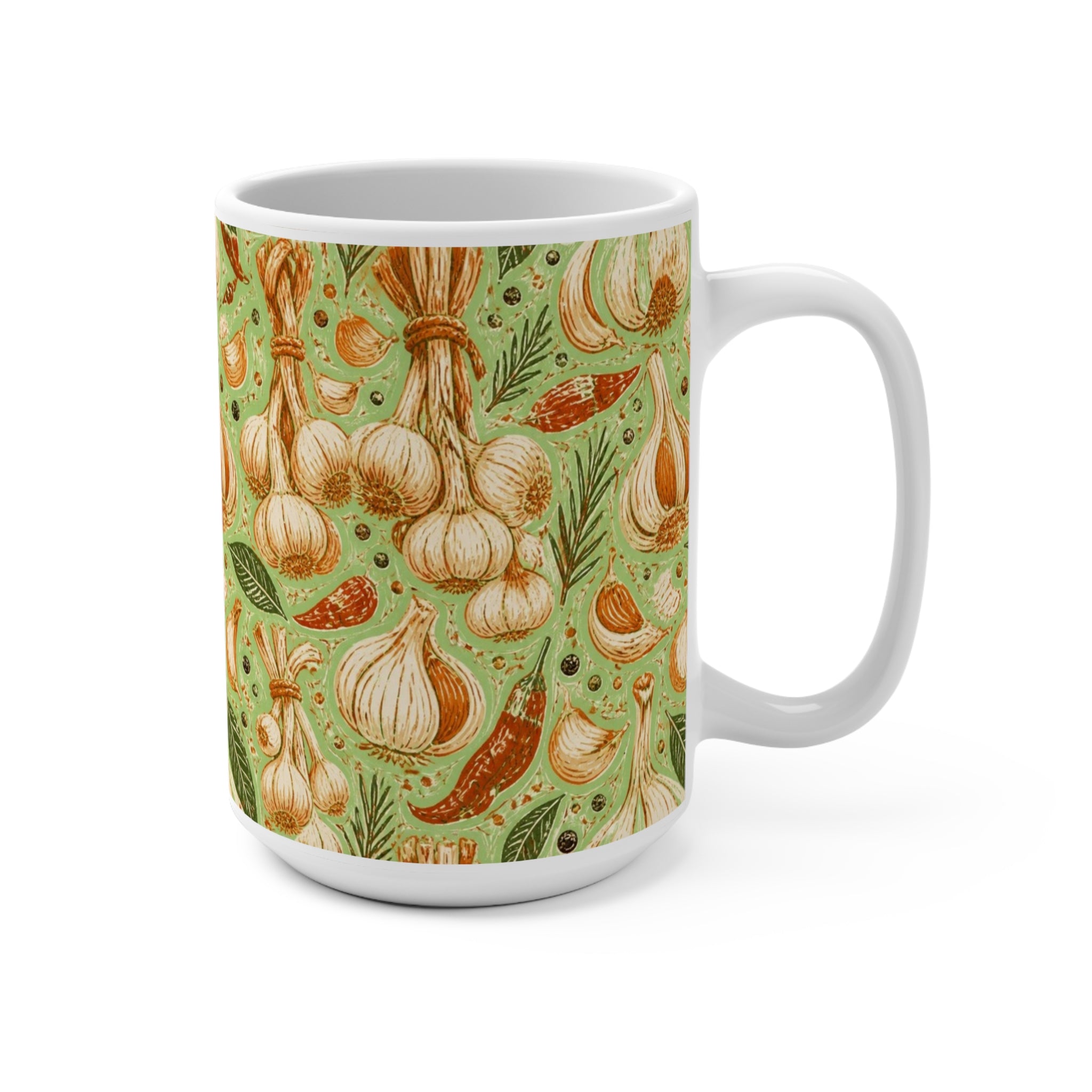 Garlic Bulbs & Cloves 15oz Ceramic Mug Mediterranean Kitchen Linocut Design Italian Cottagecore Gift