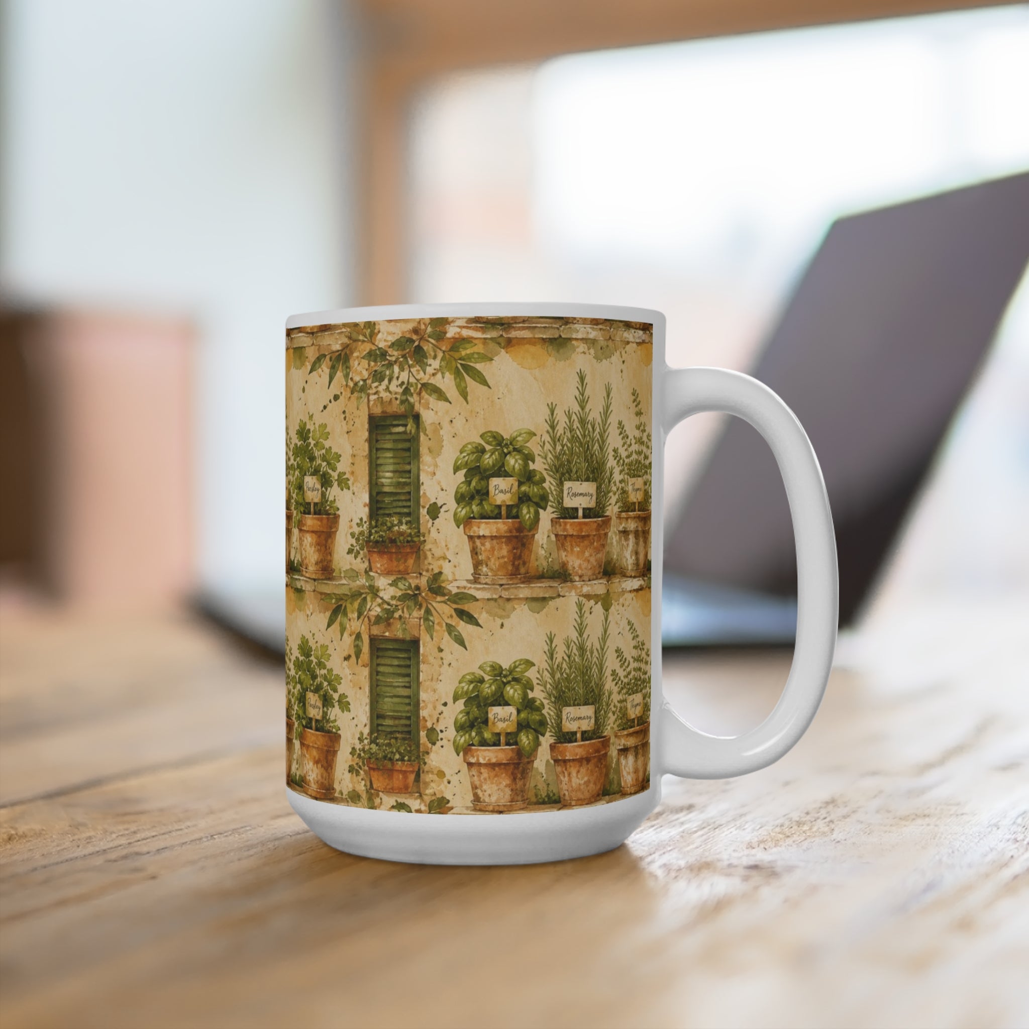 Terracotta Herb Pots 15oz Ceramic Mug Mediterranean Kitchen Watercolor Splash Design Italian Cottagecore Gift