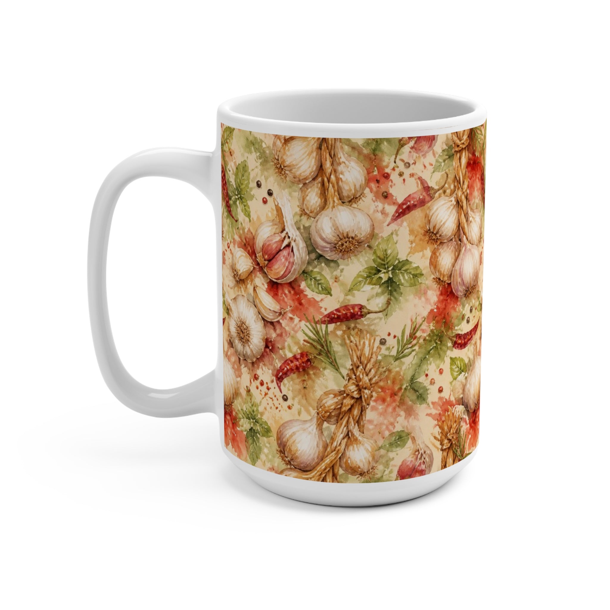 Garlic Bulbs & Cloves 15oz Ceramic Mug Mediterranean Kitchen Watercolor Splash Design Italian Cottagecore Gift