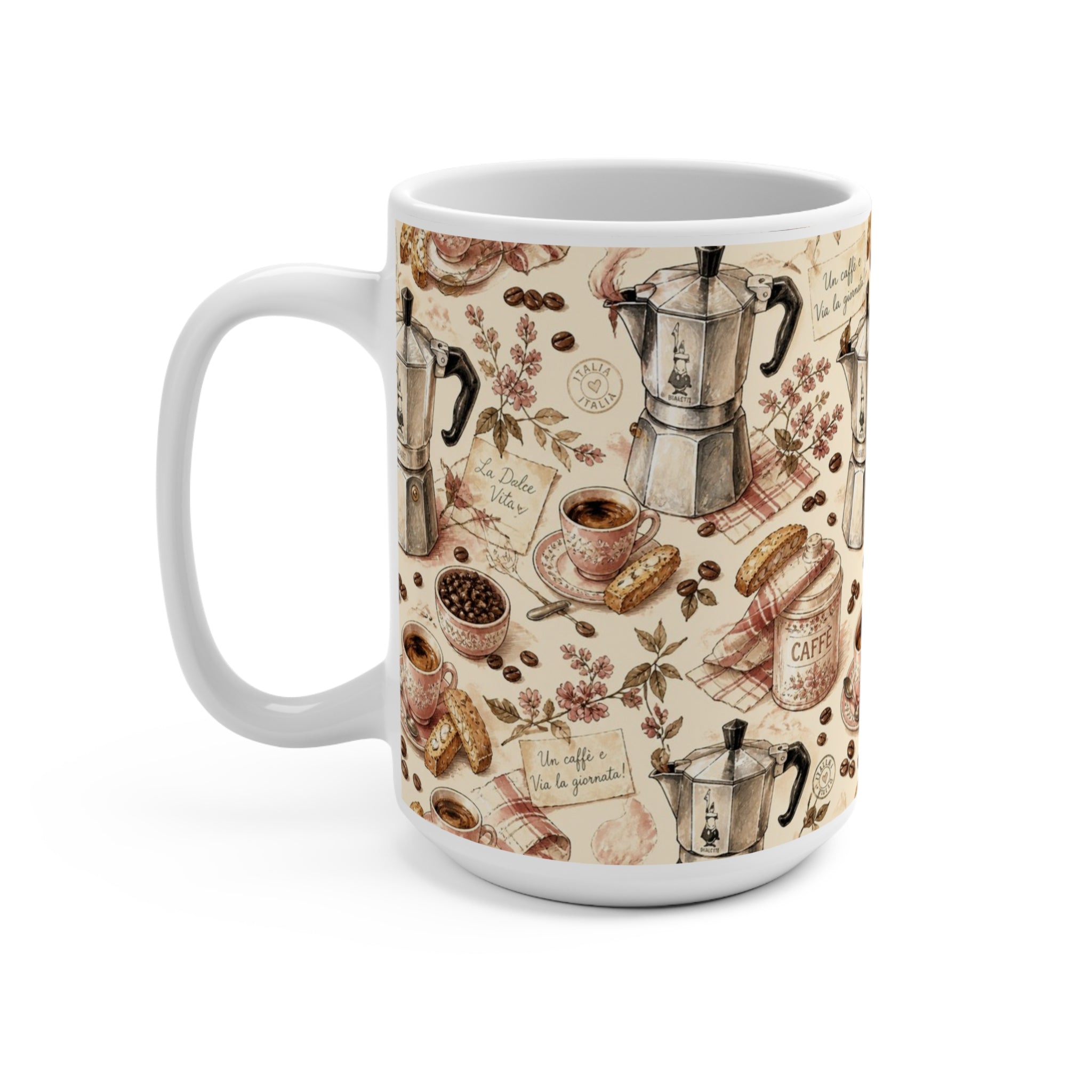 Espresso Moka Pot 15oz Ceramic Mug Mediterranean Kitchen Watercolor Design Italian Cottagecore Gift