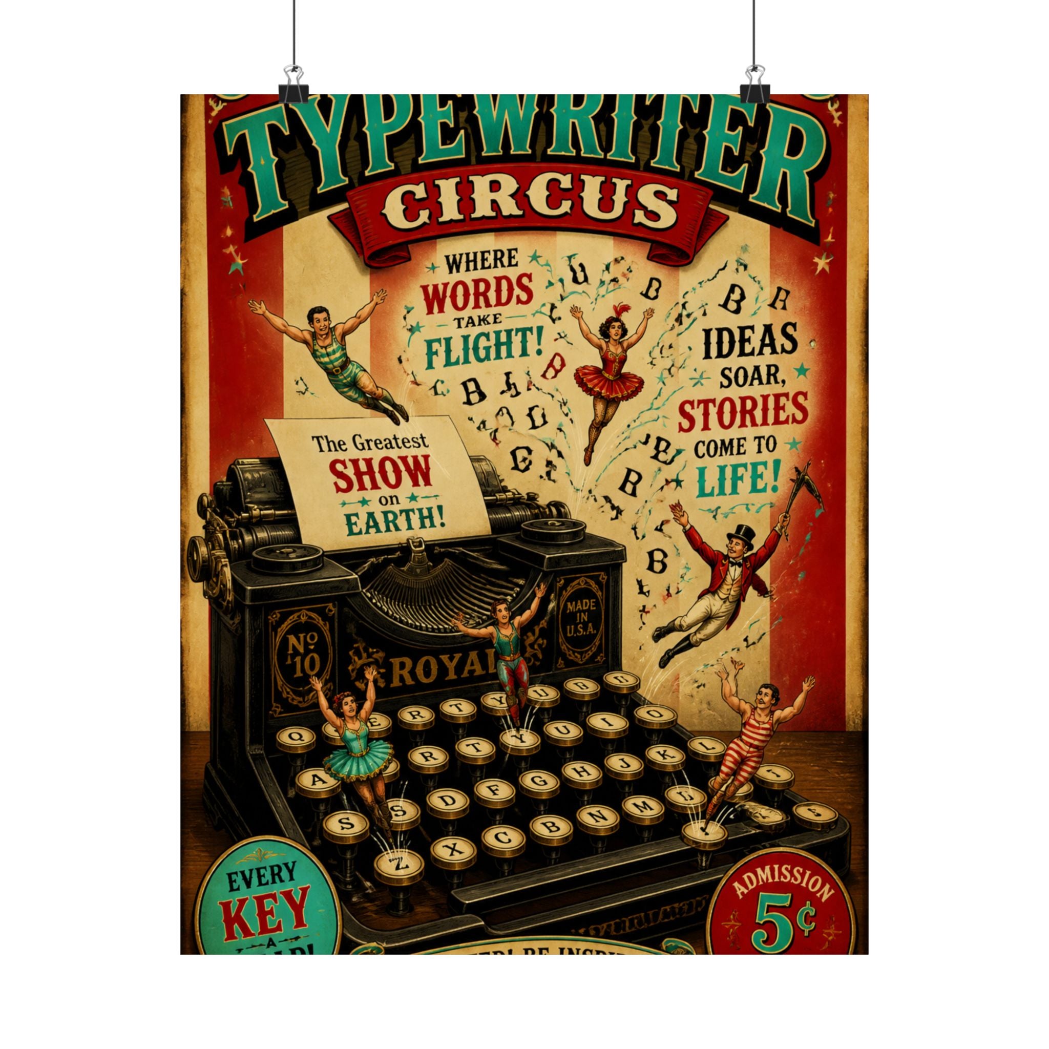Typewriter Flying Letters Wall Art Poster 18×24 Vintage Circus Kitchen Decor Maximalist Print