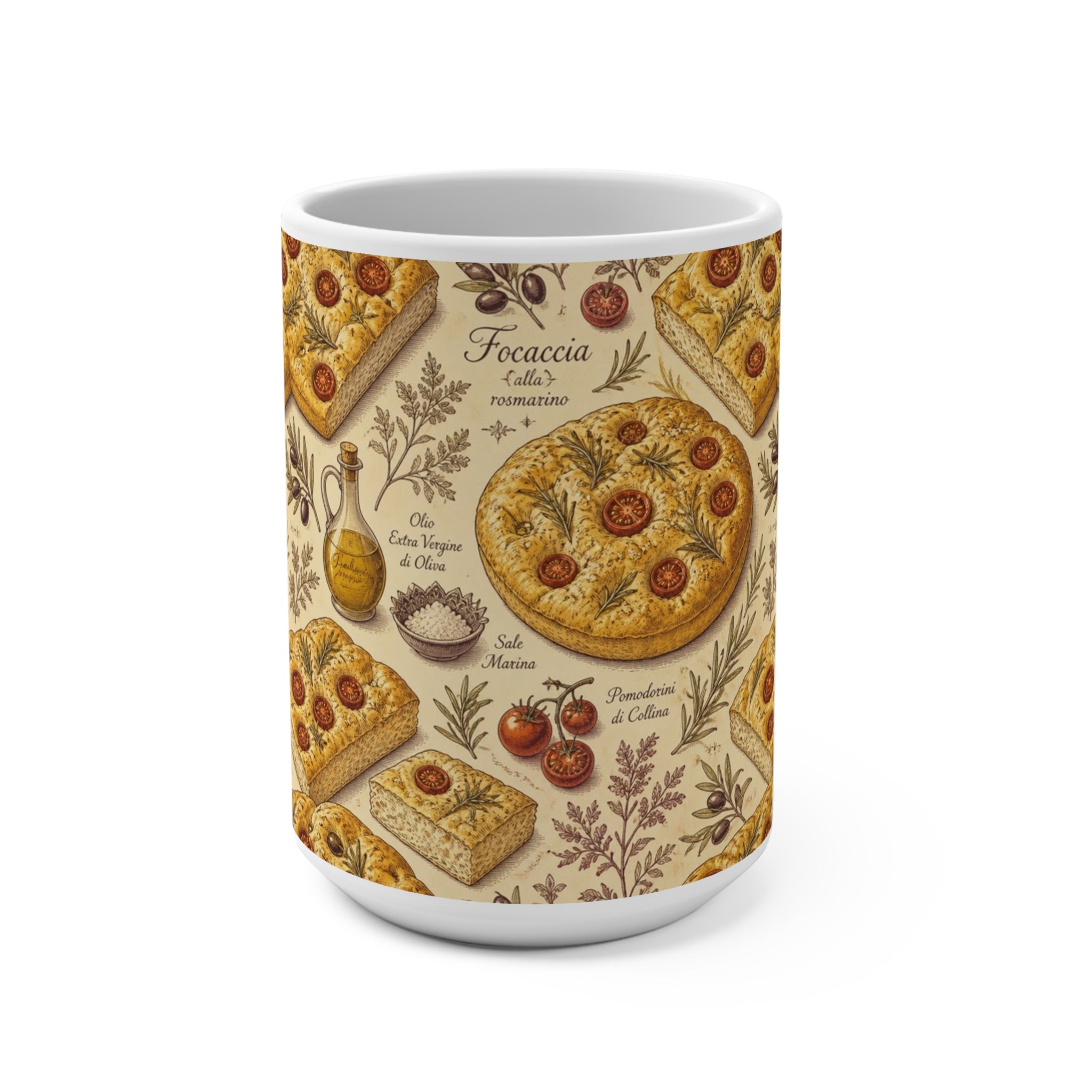 Focaccia Bread 15oz Ceramic Mug Mediterranean Kitchen Botanical Design Italian Cottagecore Gift