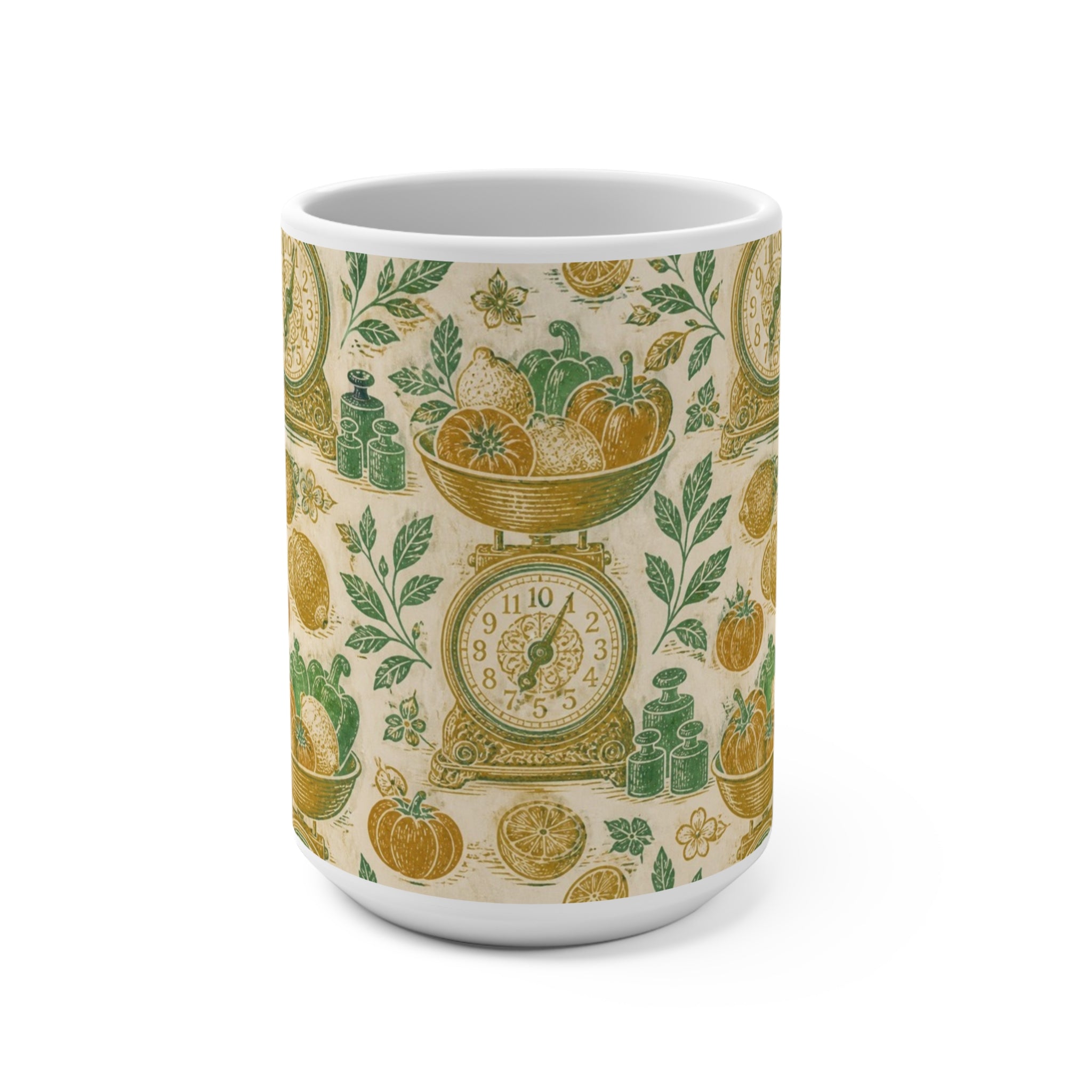 Vintage Kitchen Scale 15oz Ceramic Mug Mediterranean Kitchen Linocut Design Italian Cottagecore Gift