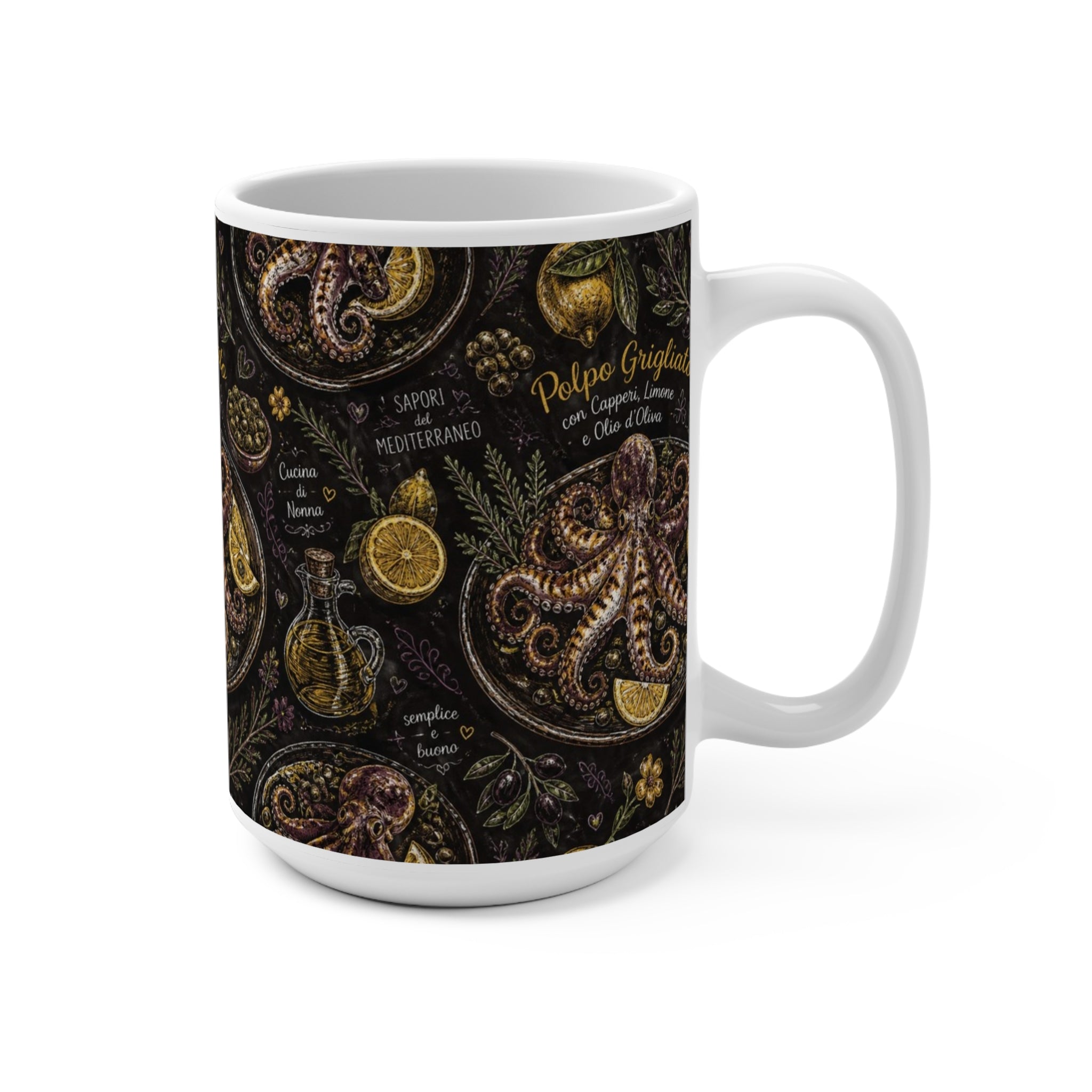 Grilled Octopus 15oz Ceramic Mug Mediterranean Kitchen Chalk Art Design Italian Cottagecore Gift