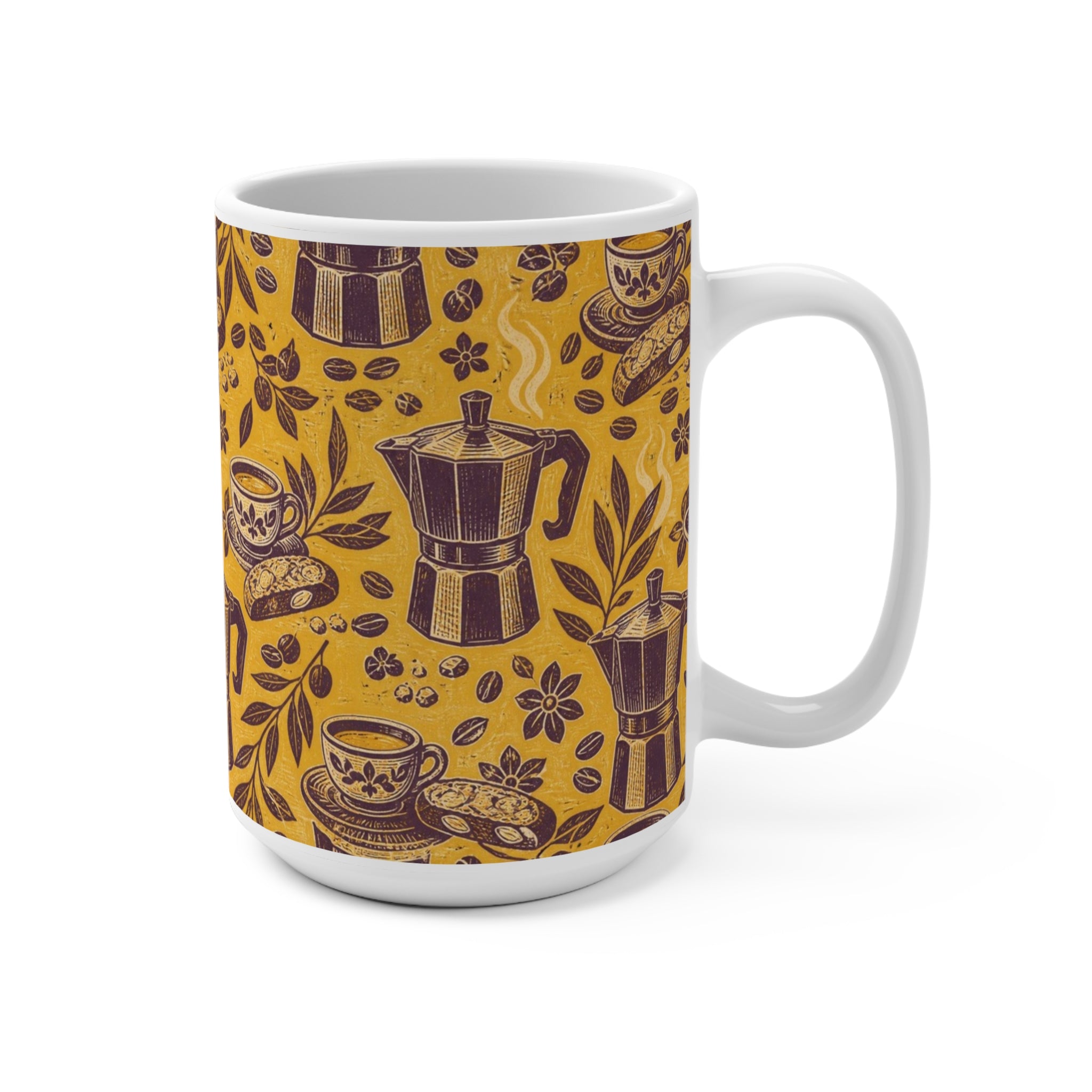 Espresso Moka Pot 15oz Ceramic Mug Mediterranean Kitchen Linocut Design Italian Cottagecore Gift