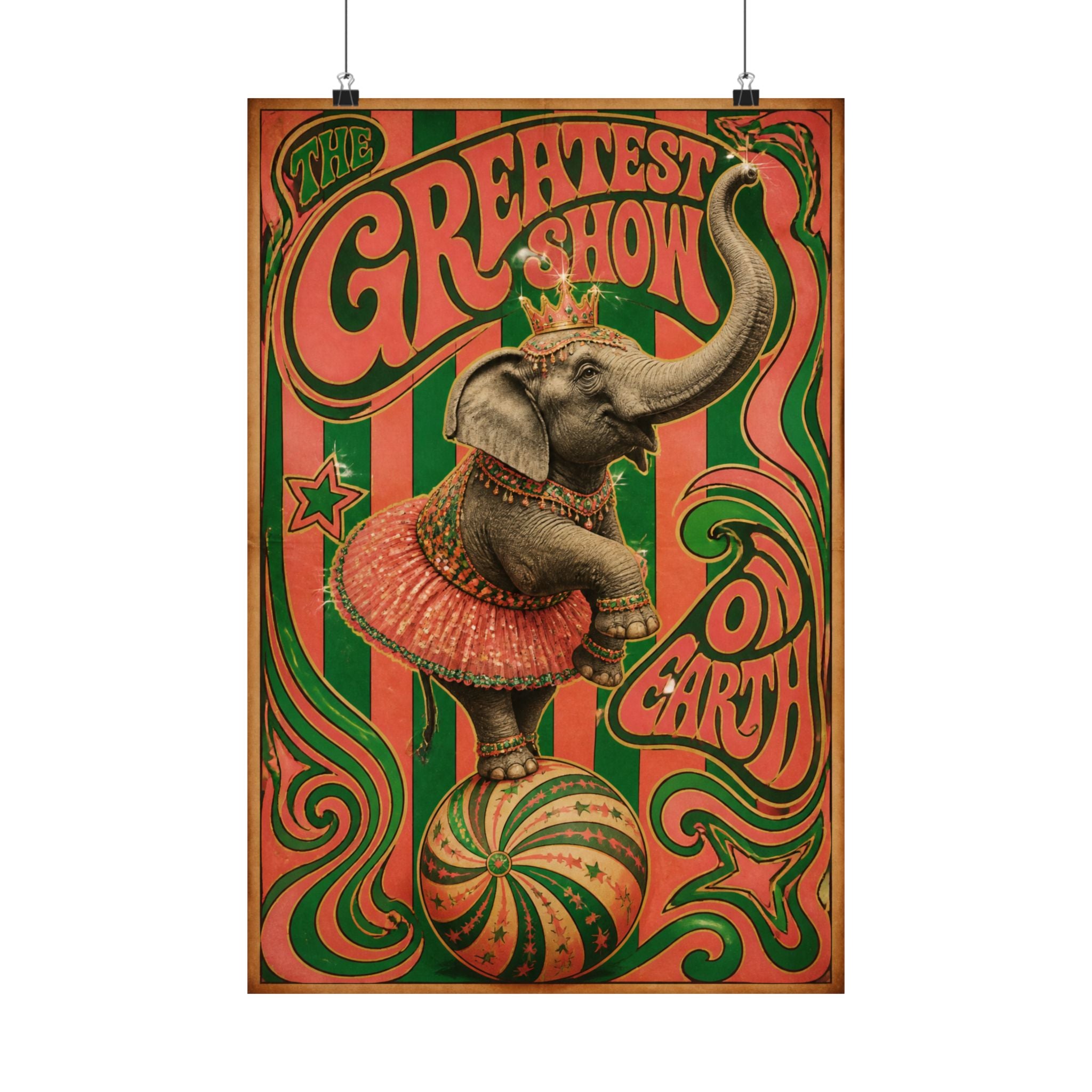 Elephant on Ball Wall Art Poster 24×36 Psychedelic Dining Room Decor Maximalist Print
