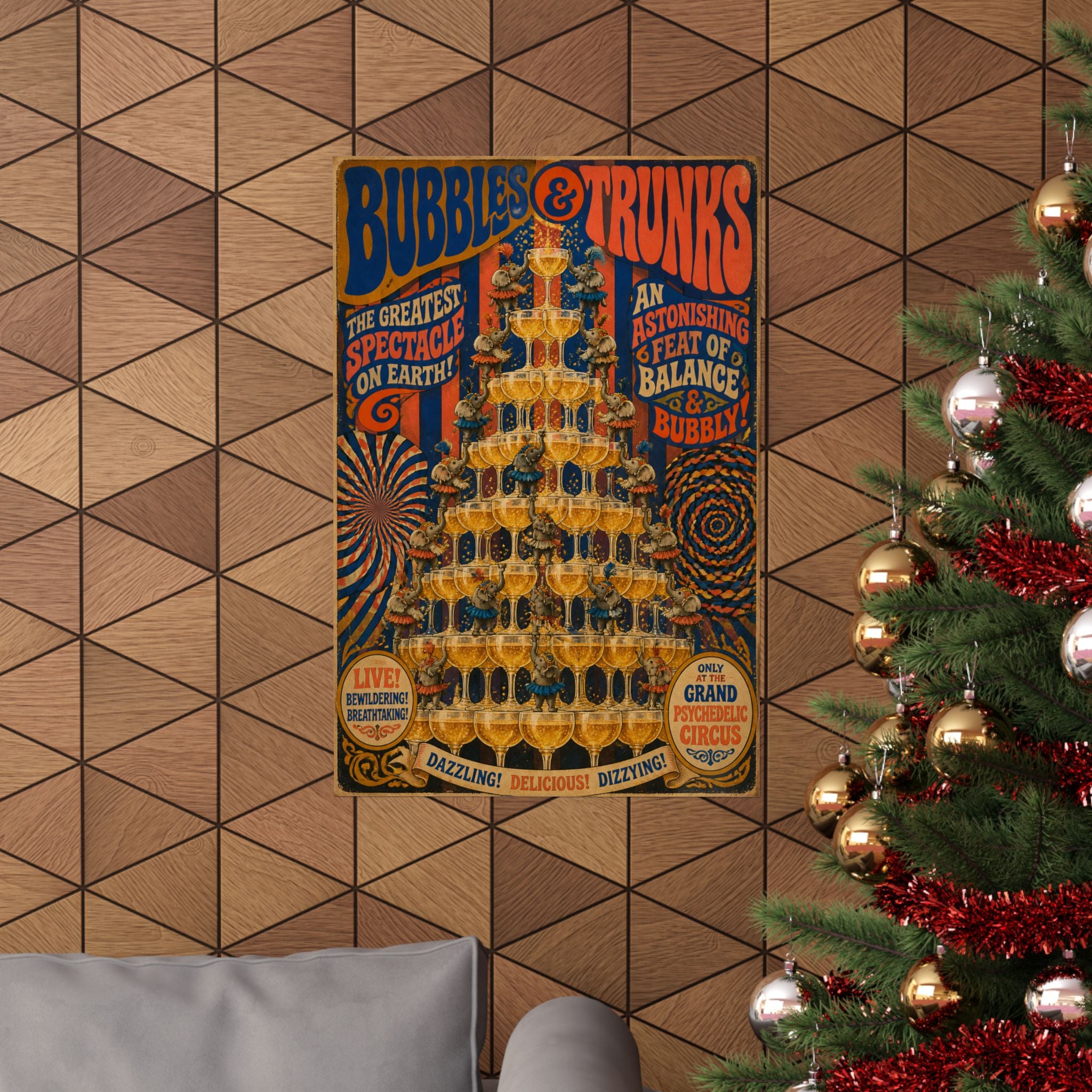 Champagne Tower Elephants Wall Art Poster 18×24 Psychedelic Cafe Decor Maximalist Print