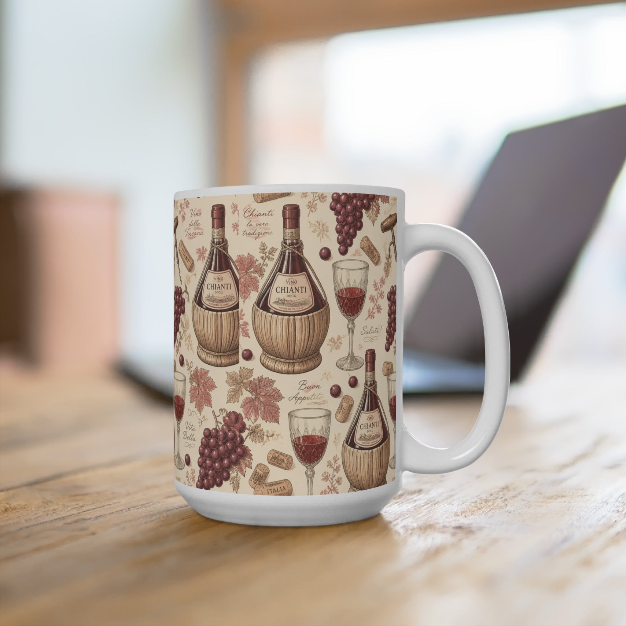 Wine Bottles & Glasses 15oz Ceramic Mug Mediterranean Kitchen Botanical Design Italian Cottagecore Gift