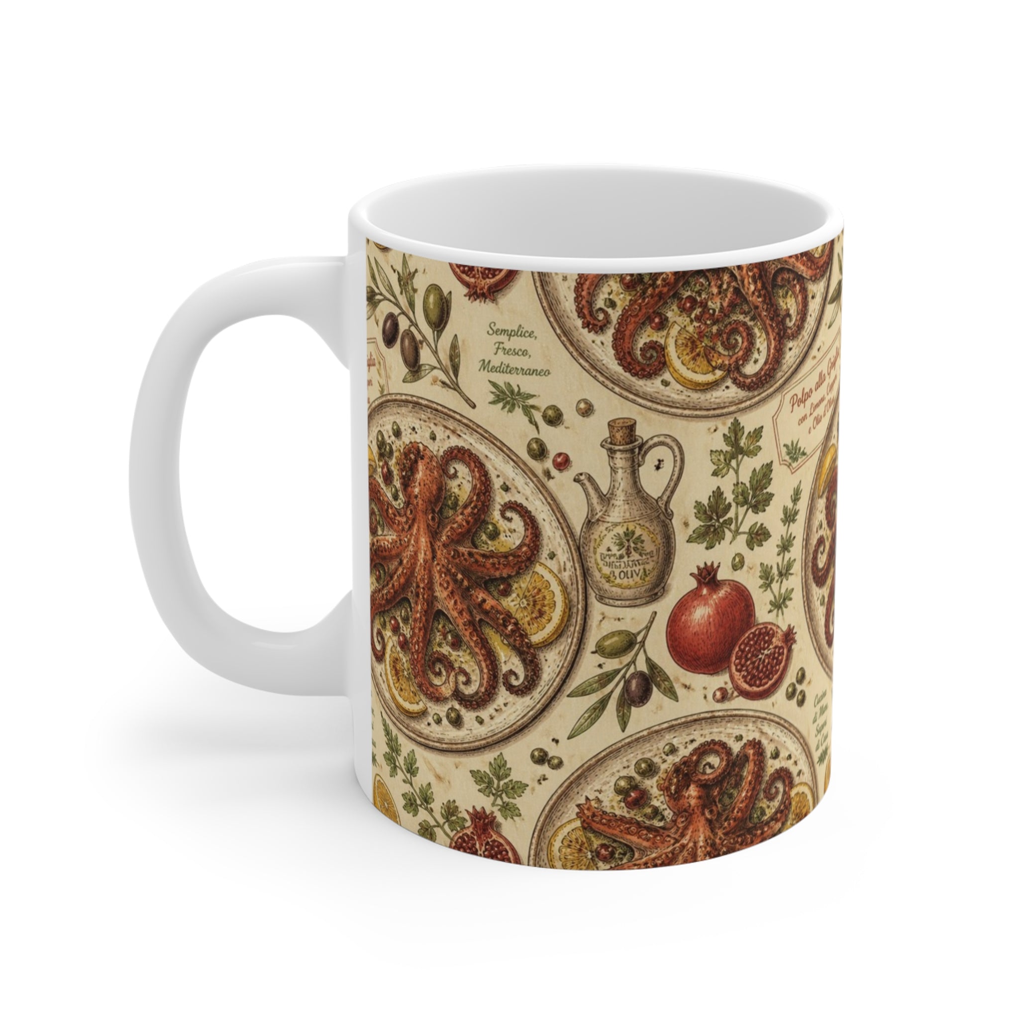 Grilled Octopus 11oz Ceramic Mug Mediterranean Kitchen Botanical Design Italian Cottagecore Gift